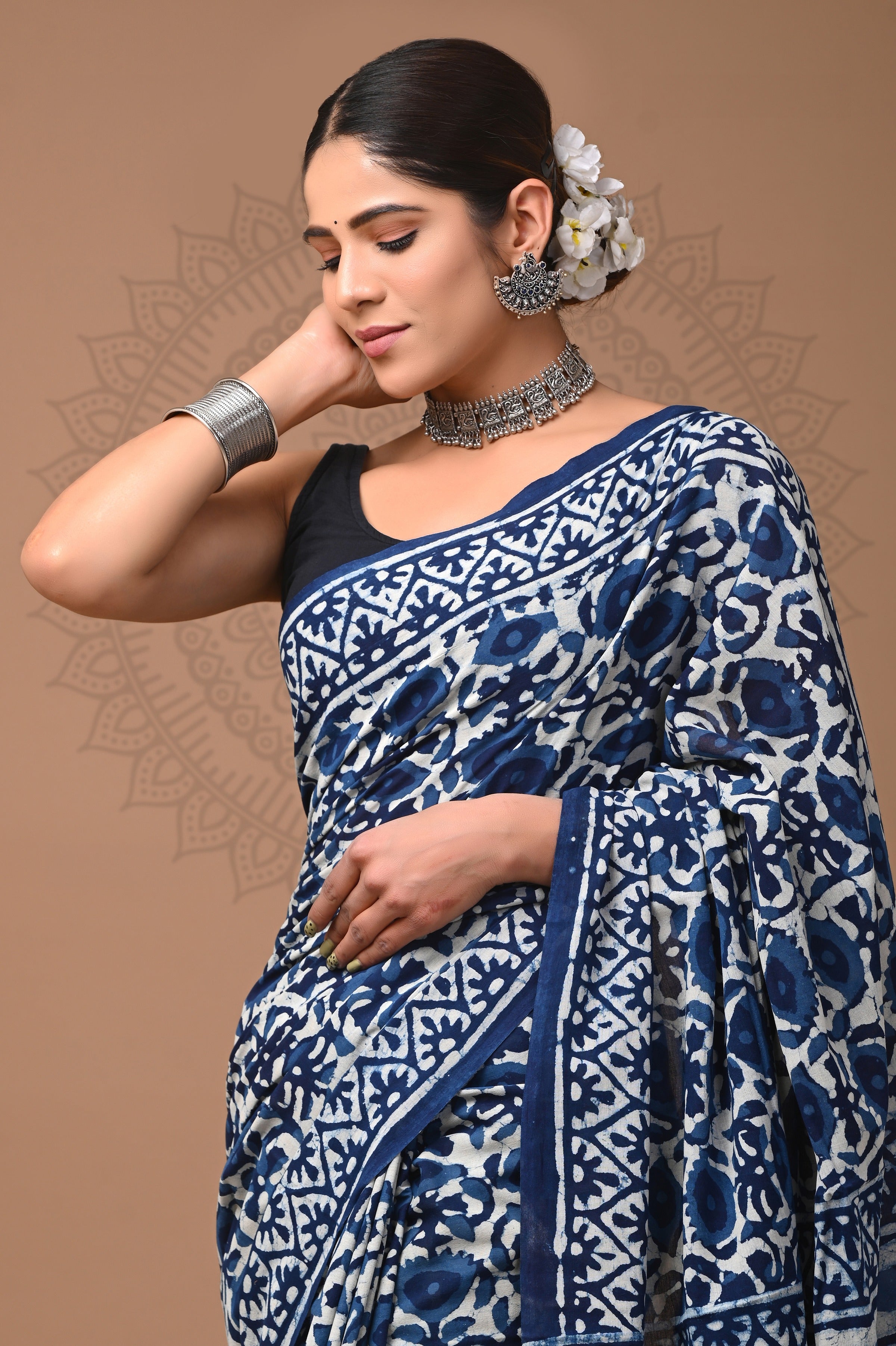 Indigo Blue Hand Printed Cotton Saree
