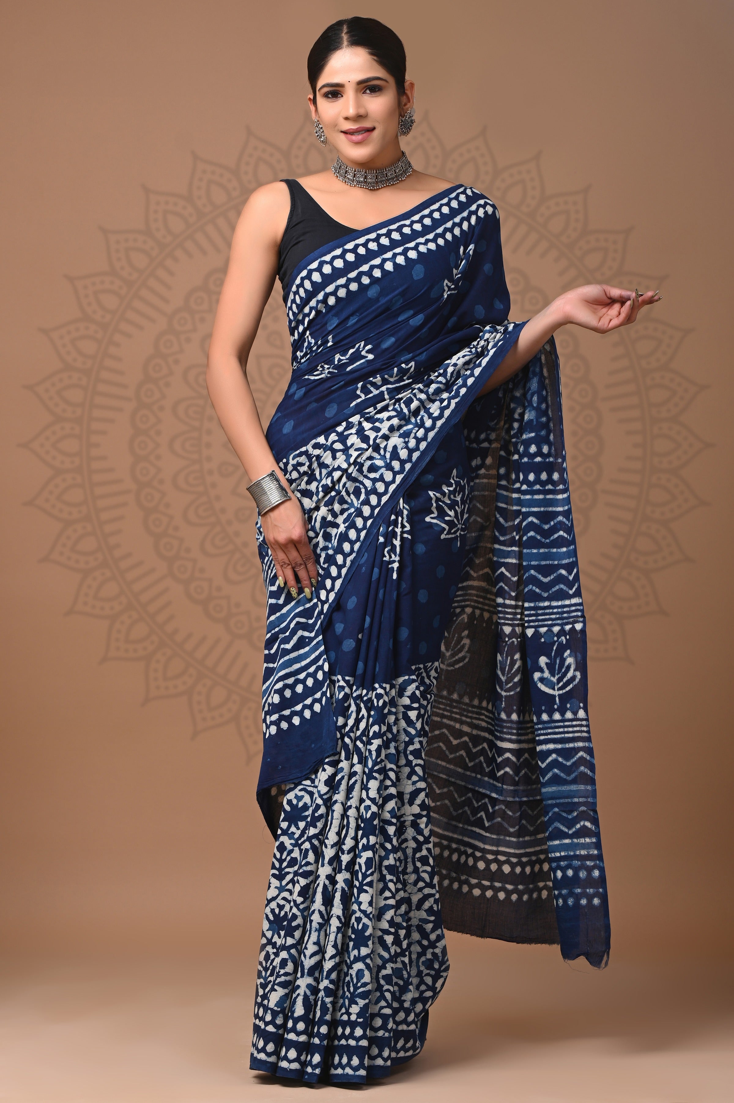 Indigo Blue Hand Printed Cotton Saree