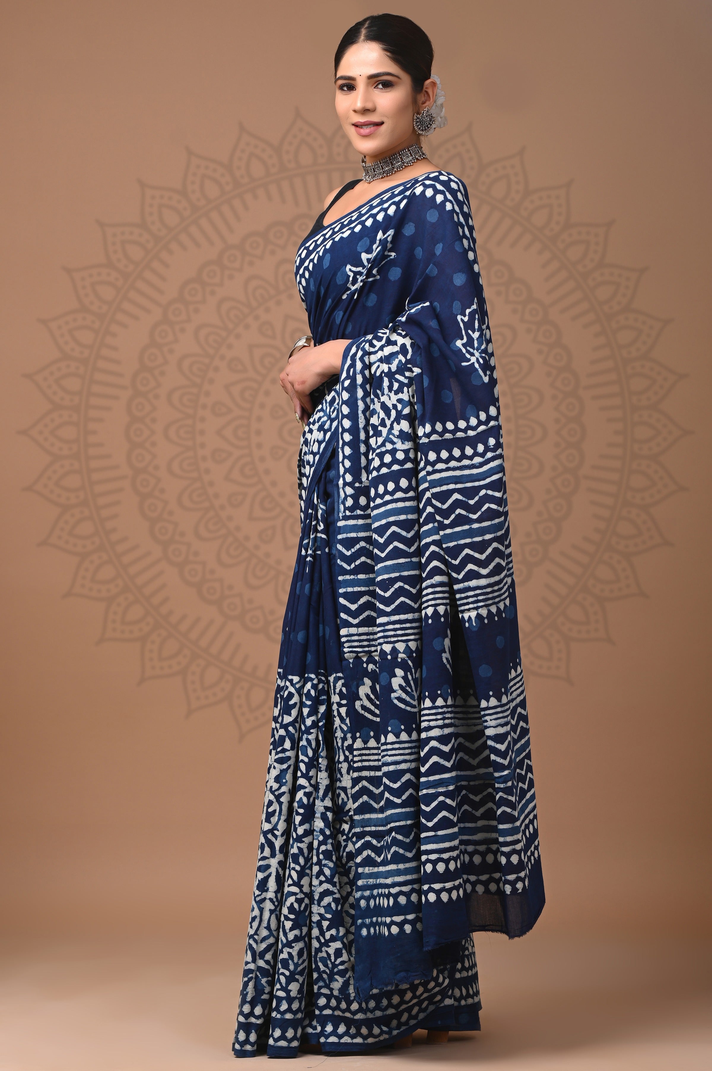 Indigo Blue Hand Printed Cotton Saree