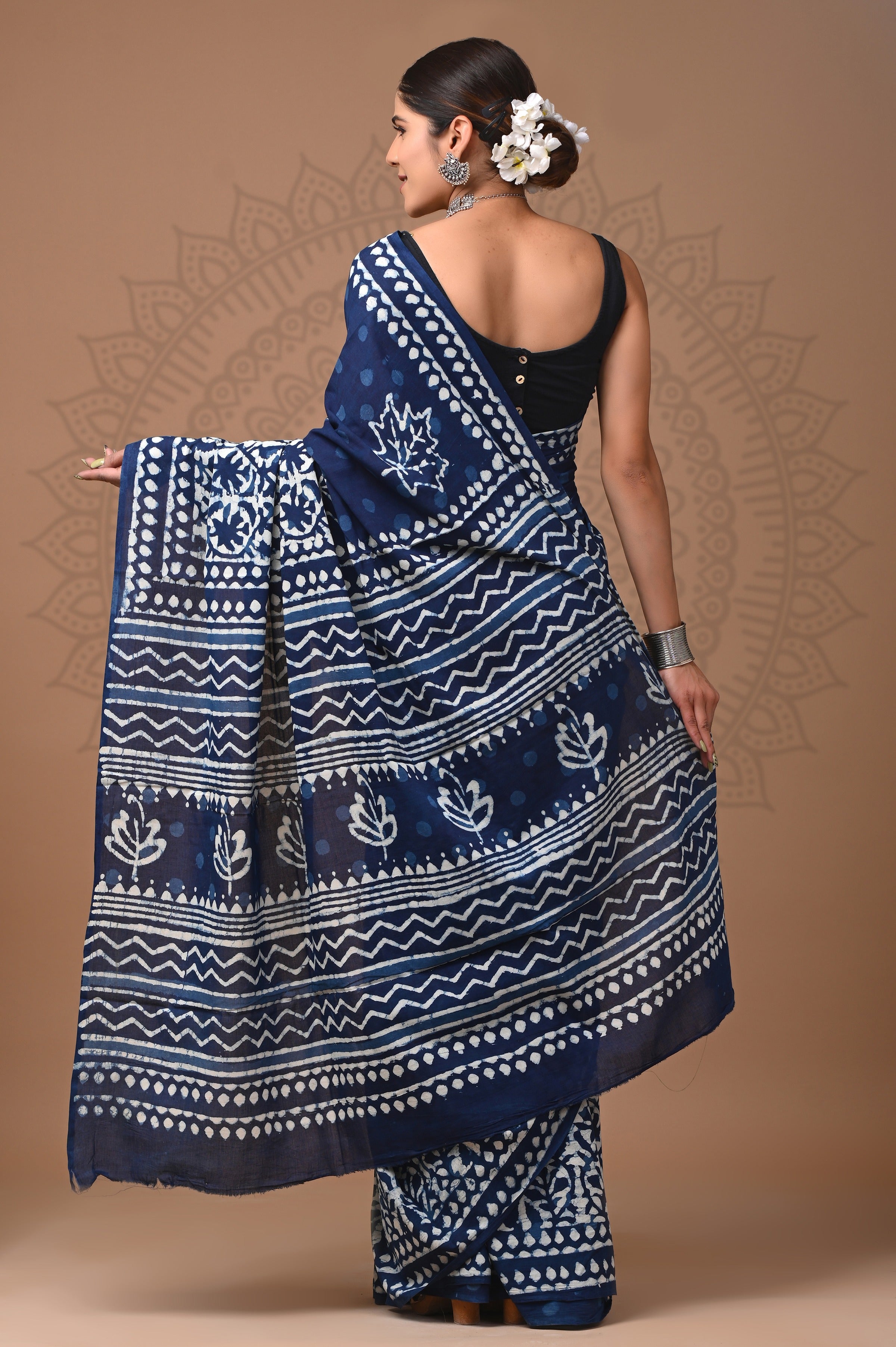 Indigo Blue Hand Printed Cotton Saree