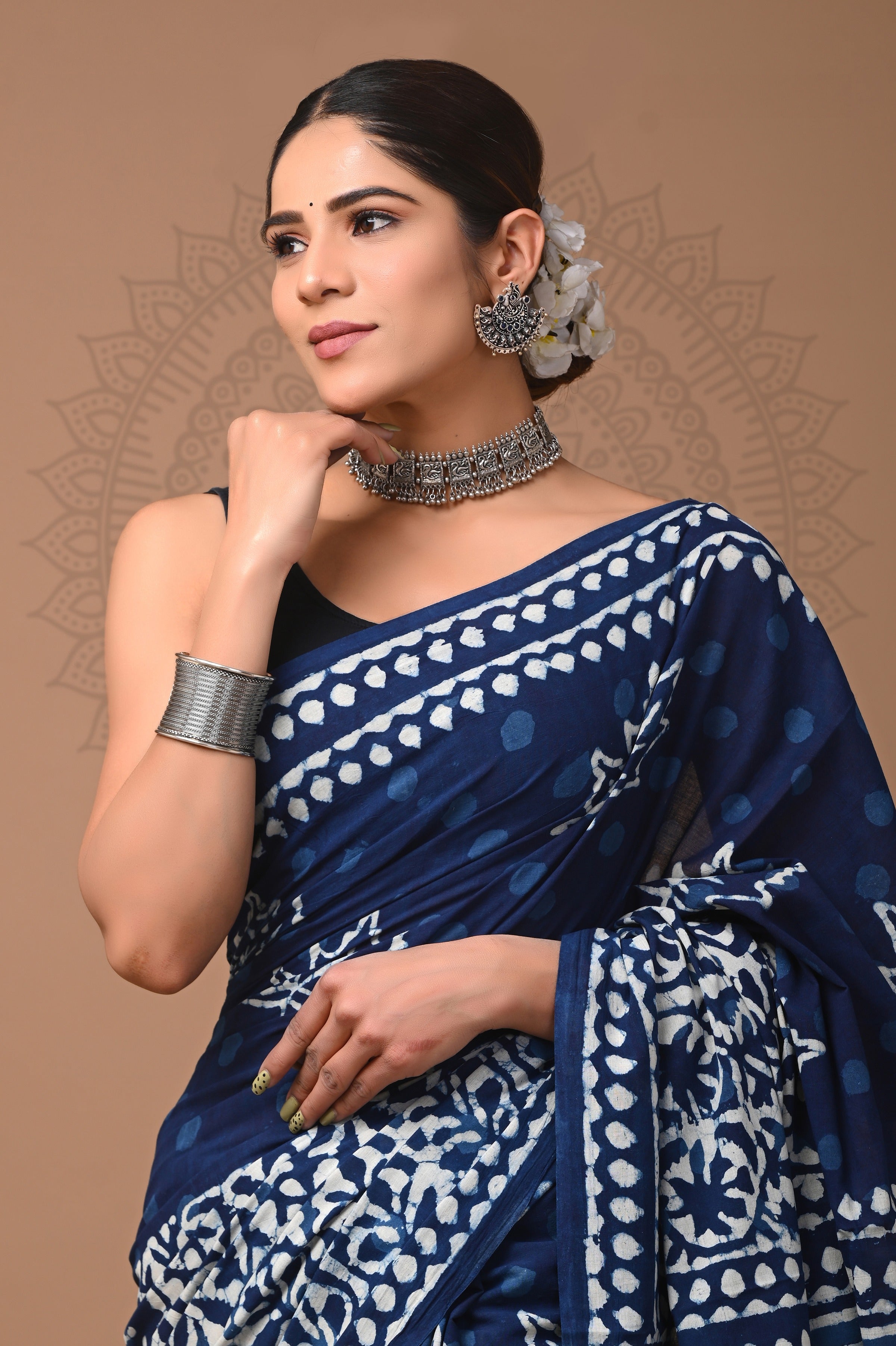 Indigo Blue Hand Printed Cotton Saree