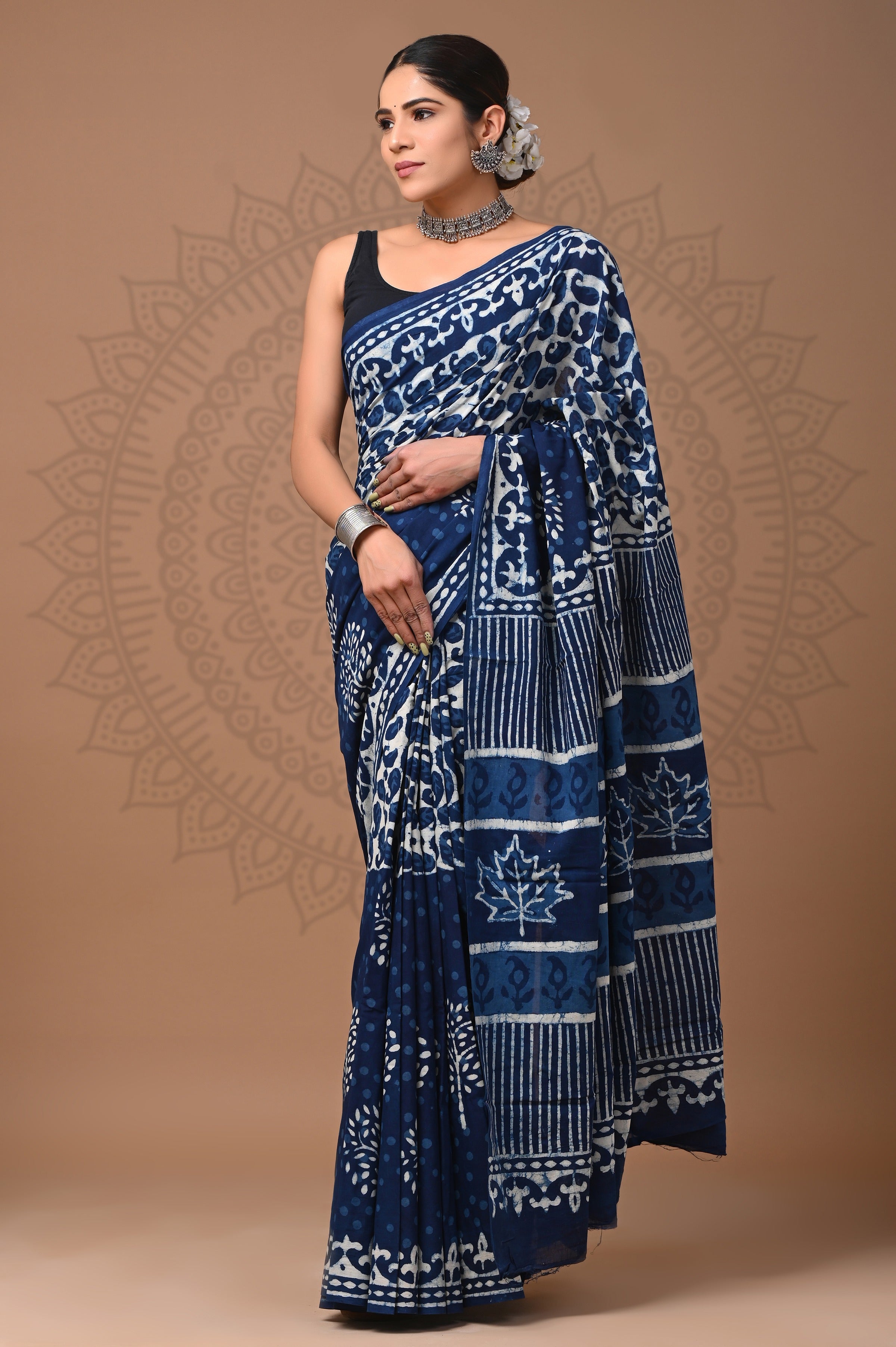 Hand Printed Indigo Blue Pure Cotton Saree
