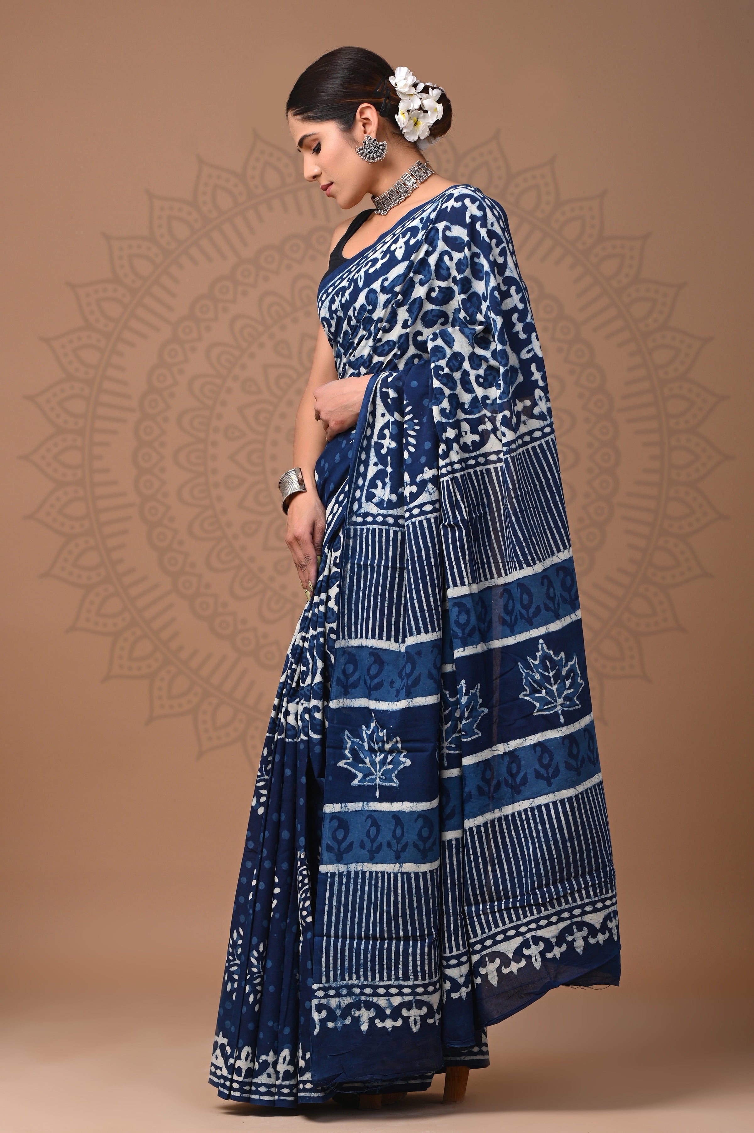 Hand Printed Indigo Blue Pure Cotton Saree