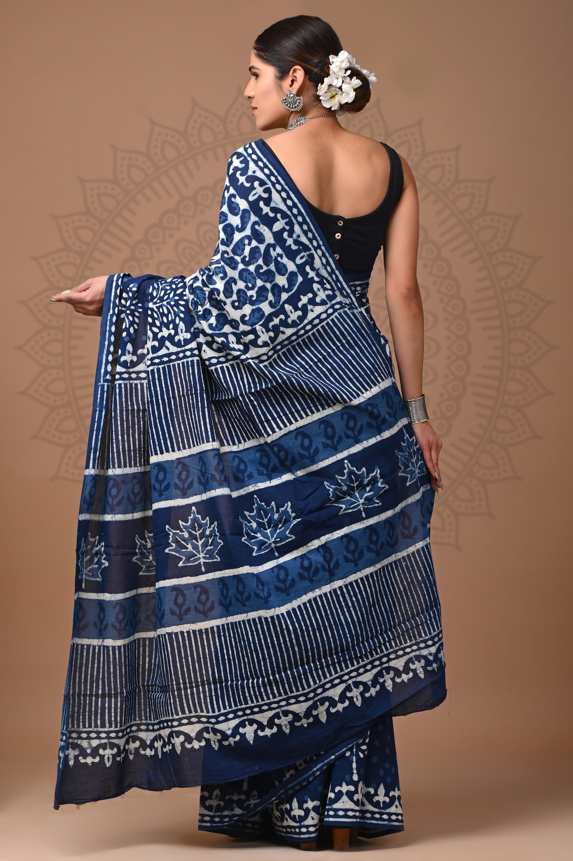 Hand Printed Indigo Blue Pure Cotton Saree
