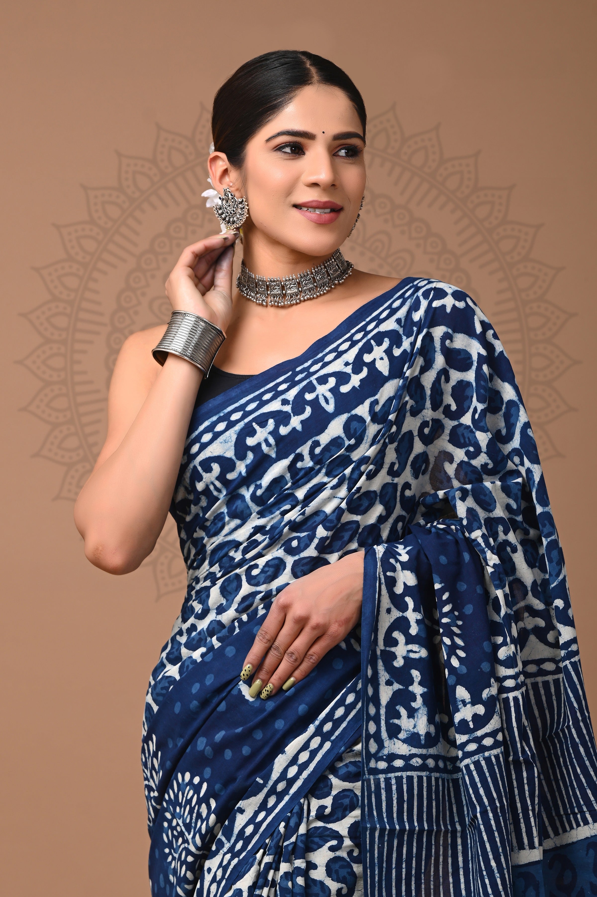 Hand Printed Indigo Blue Pure Cotton Saree