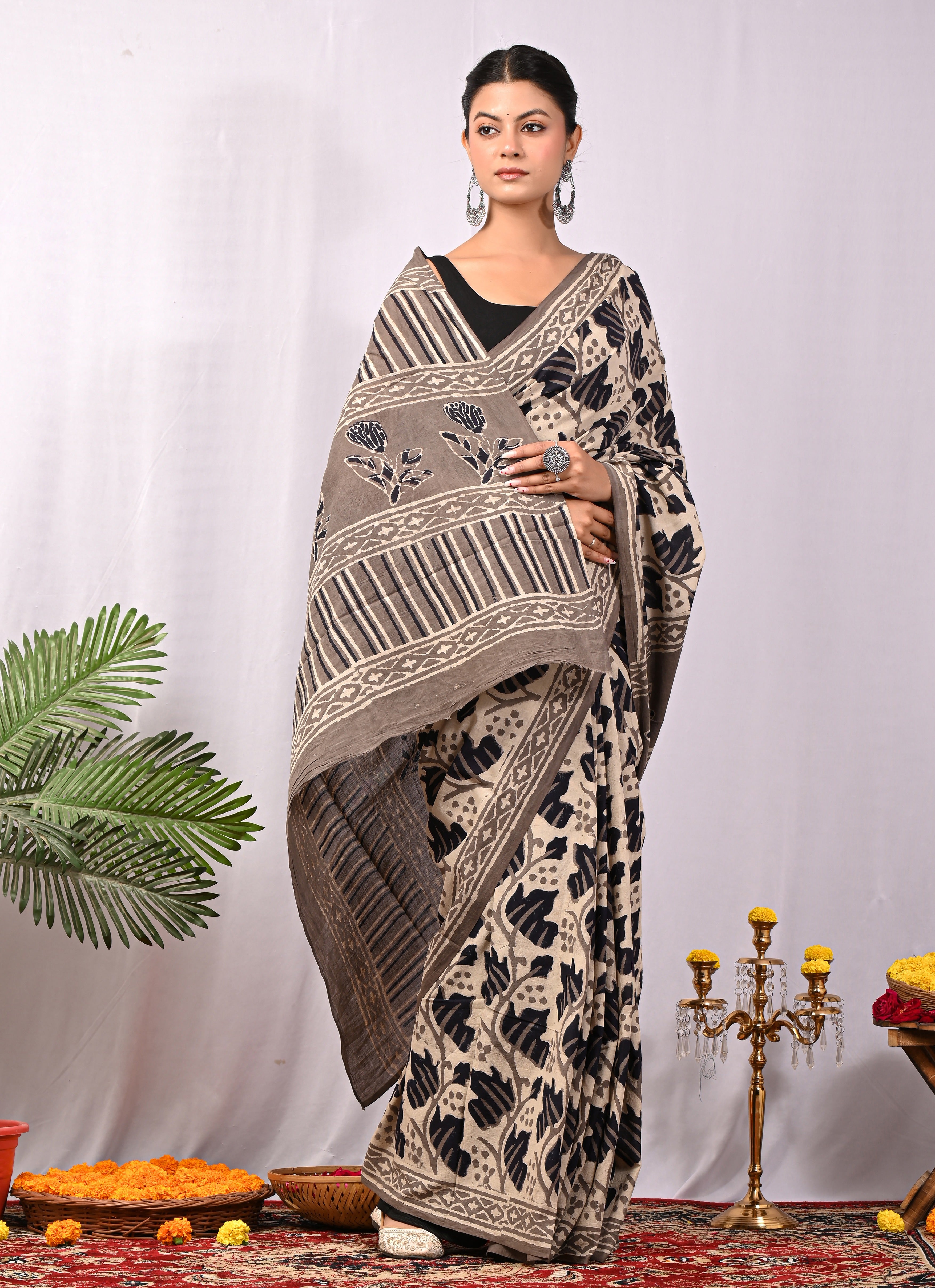 Hand Printed Taupe Beige Pure Cotton Saree