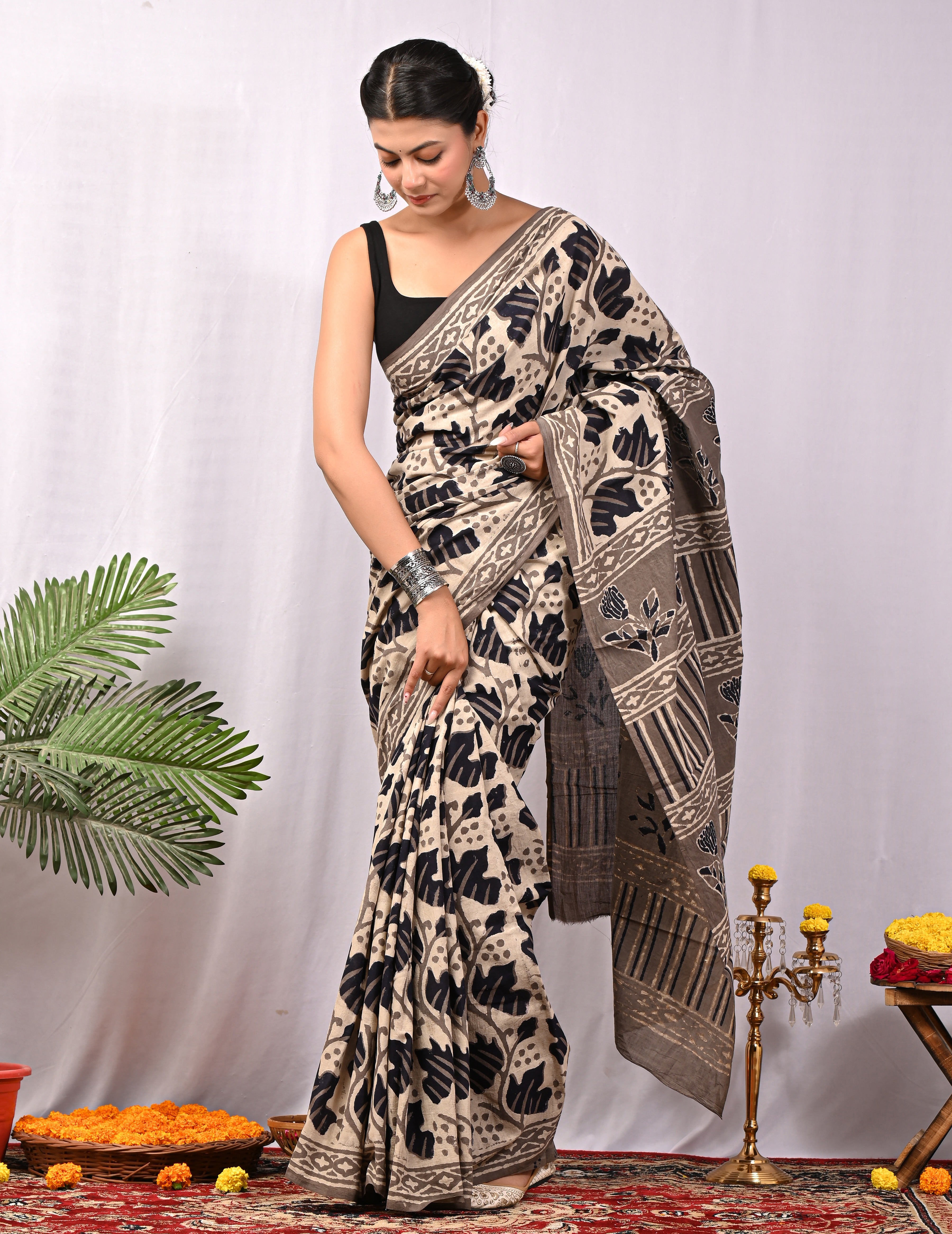 Hand Printed Taupe Beige Pure Cotton Saree