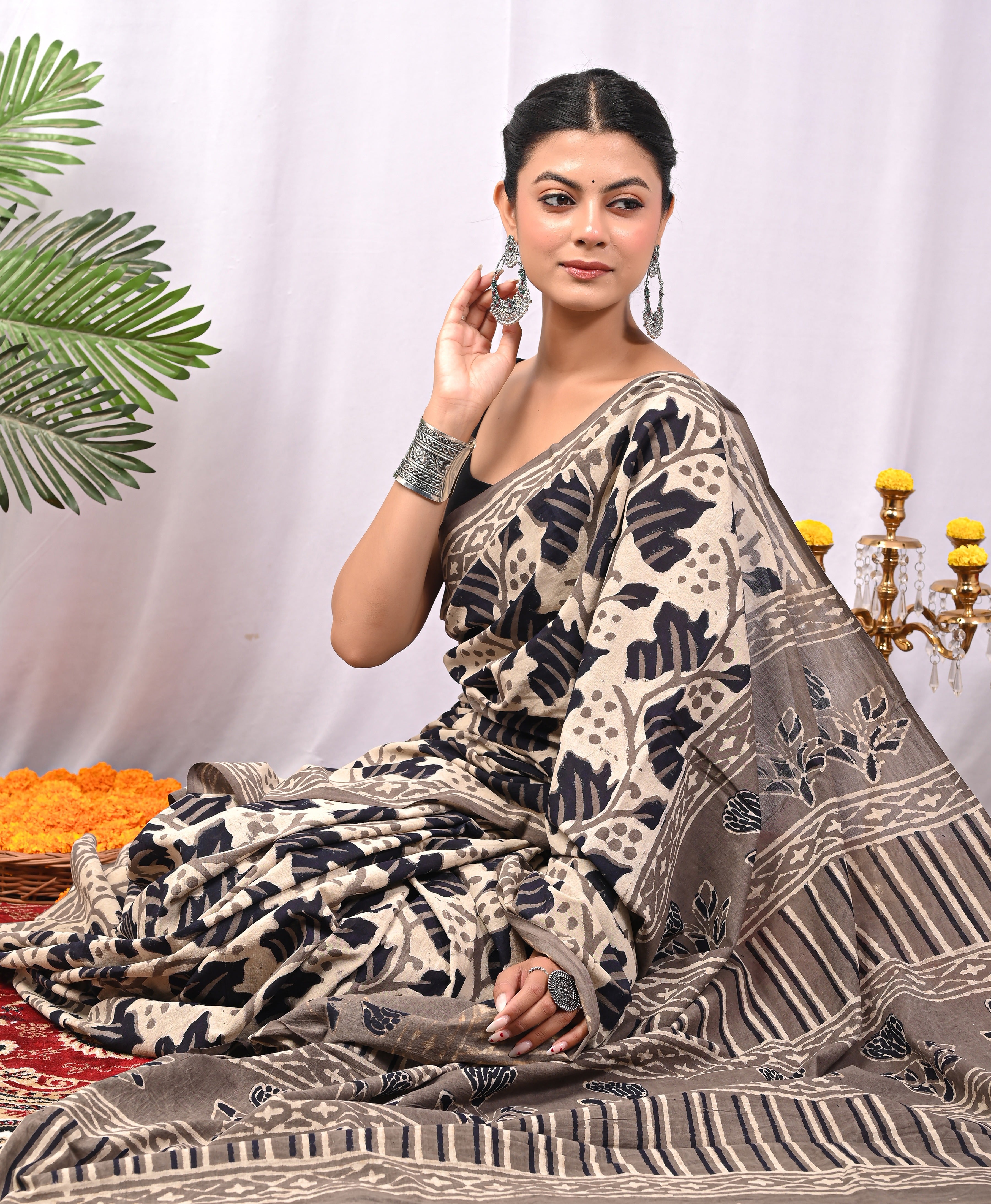 Hand Printed Taupe Beige Pure Cotton Saree