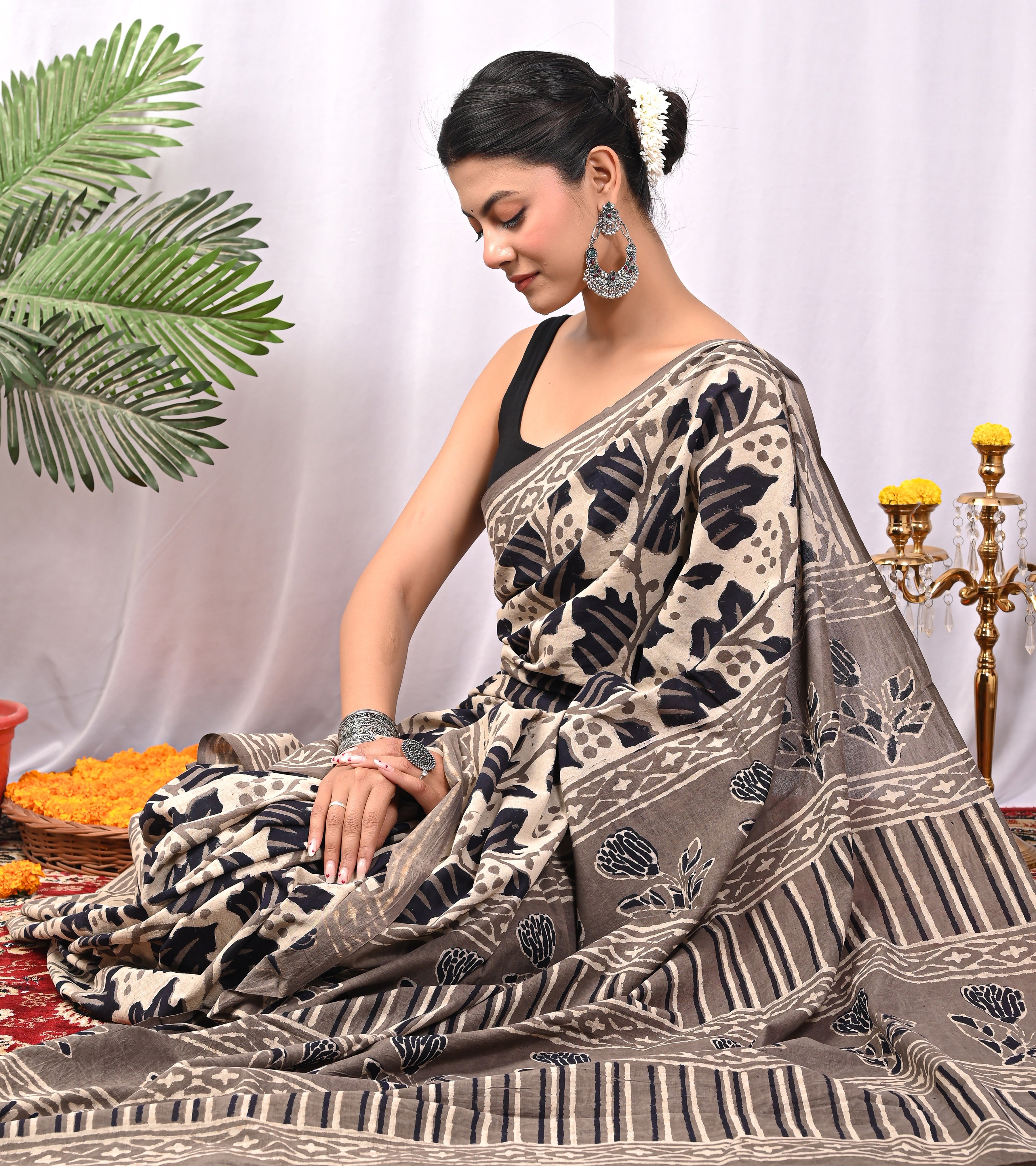 Hand Printed Taupe Beige Pure Cotton Saree