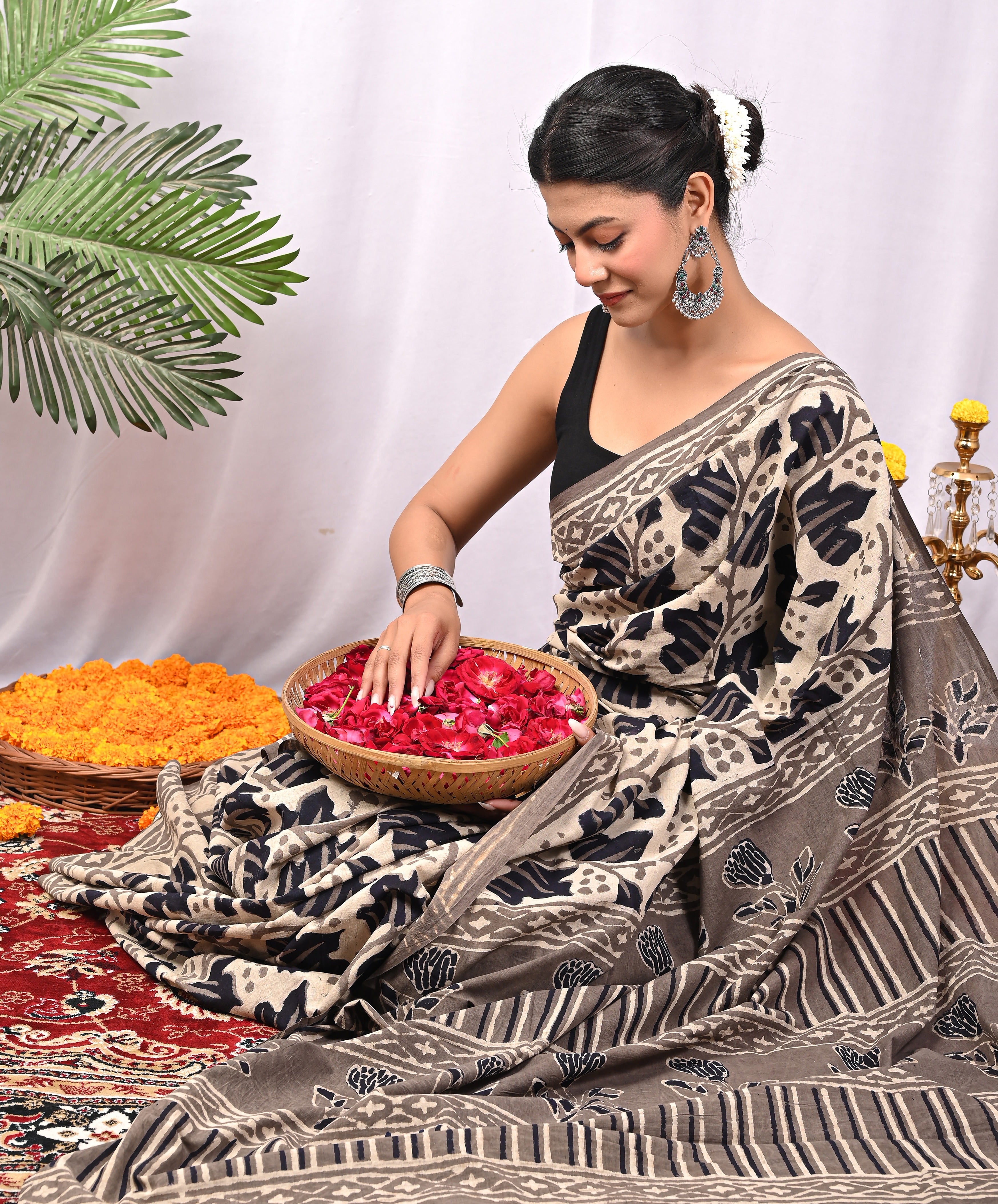 Hand Printed Taupe Beige Pure Cotton Saree