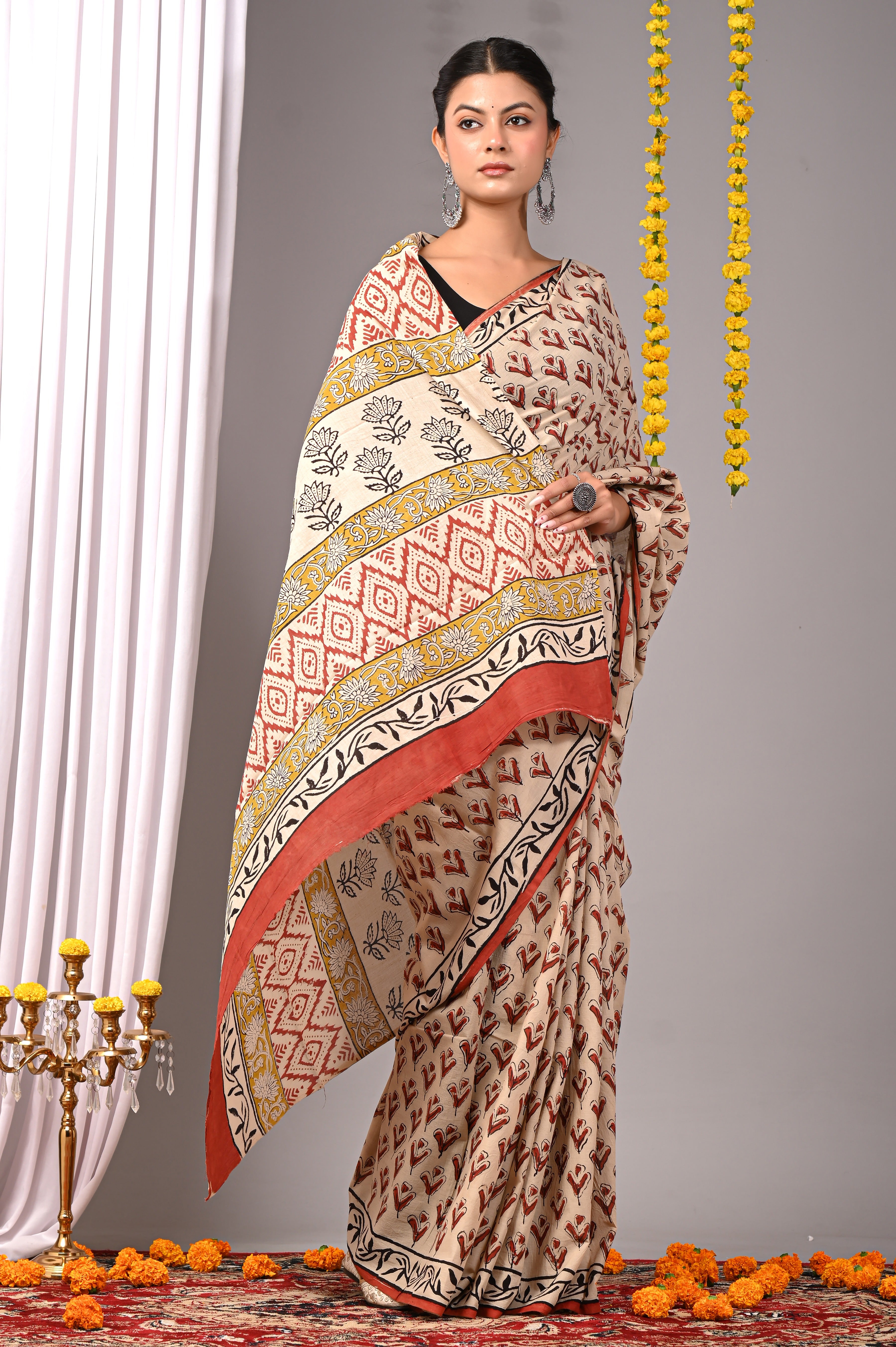 Hand Printed Ivory Cream Pure Cotton Saree