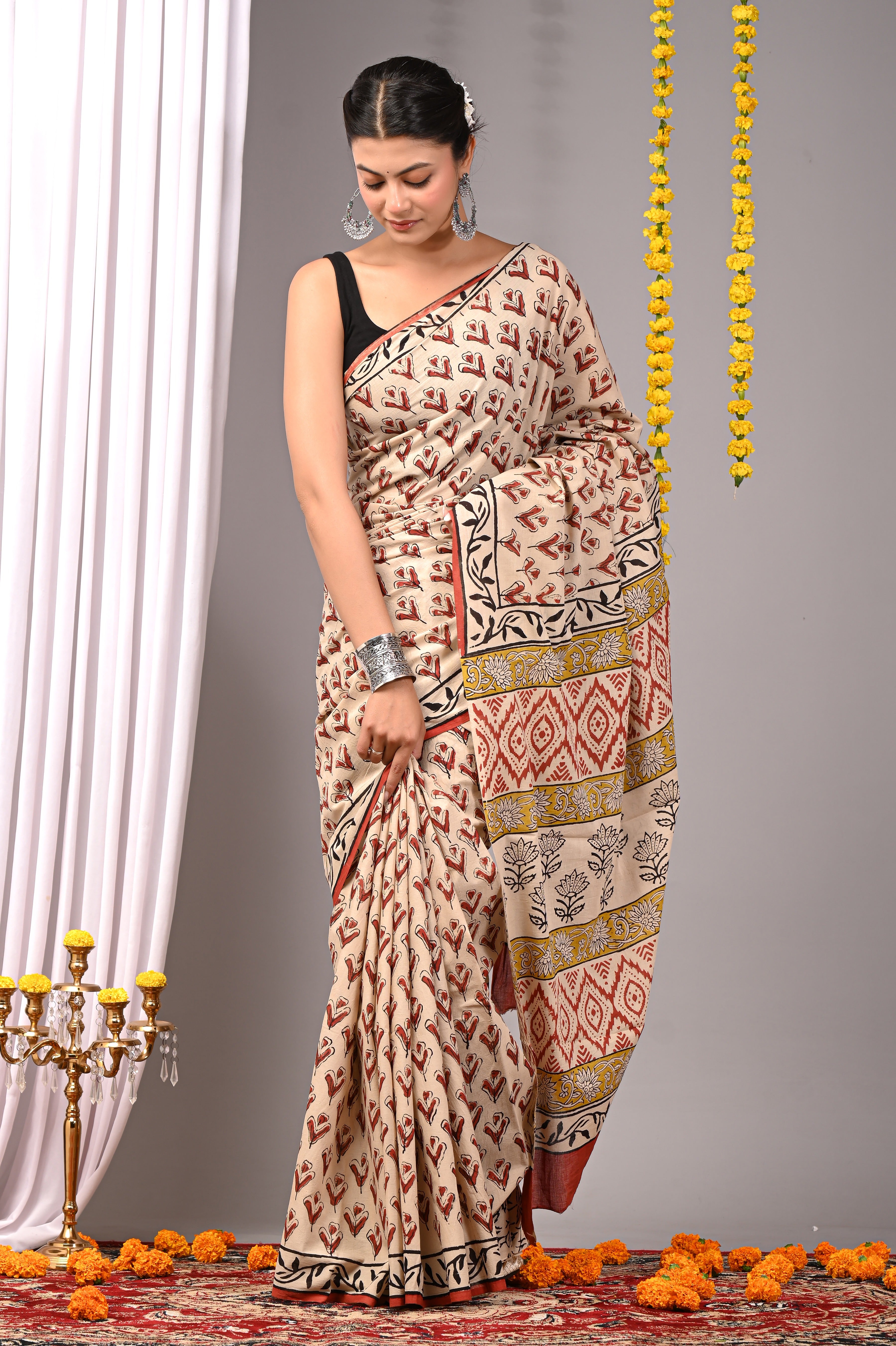 Hand Printed Ivory Cream Pure Cotton Saree