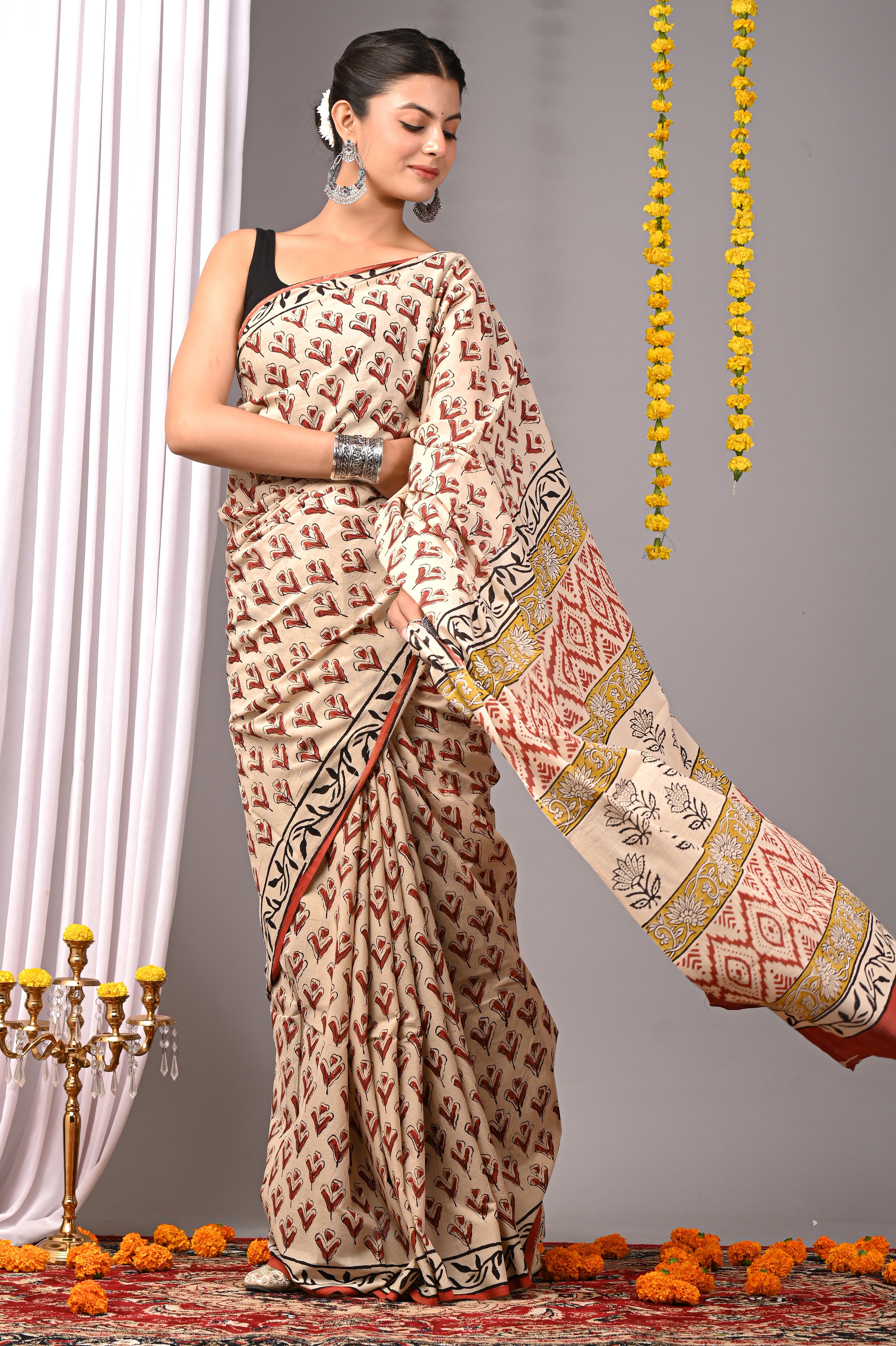 Hand Printed Ivory Cream Pure Cotton Saree