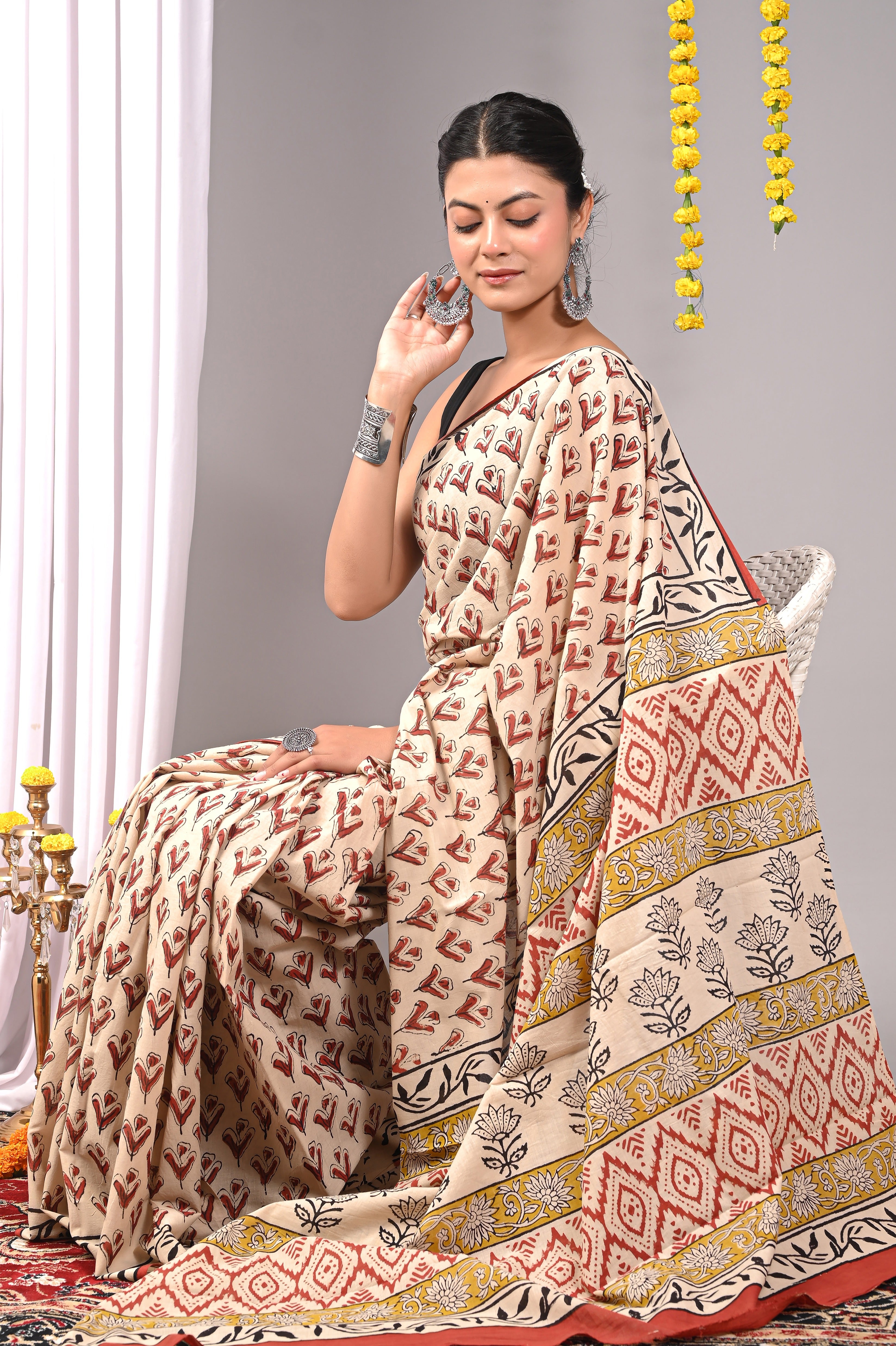 Hand Printed Ivory Cream Pure Cotton Saree