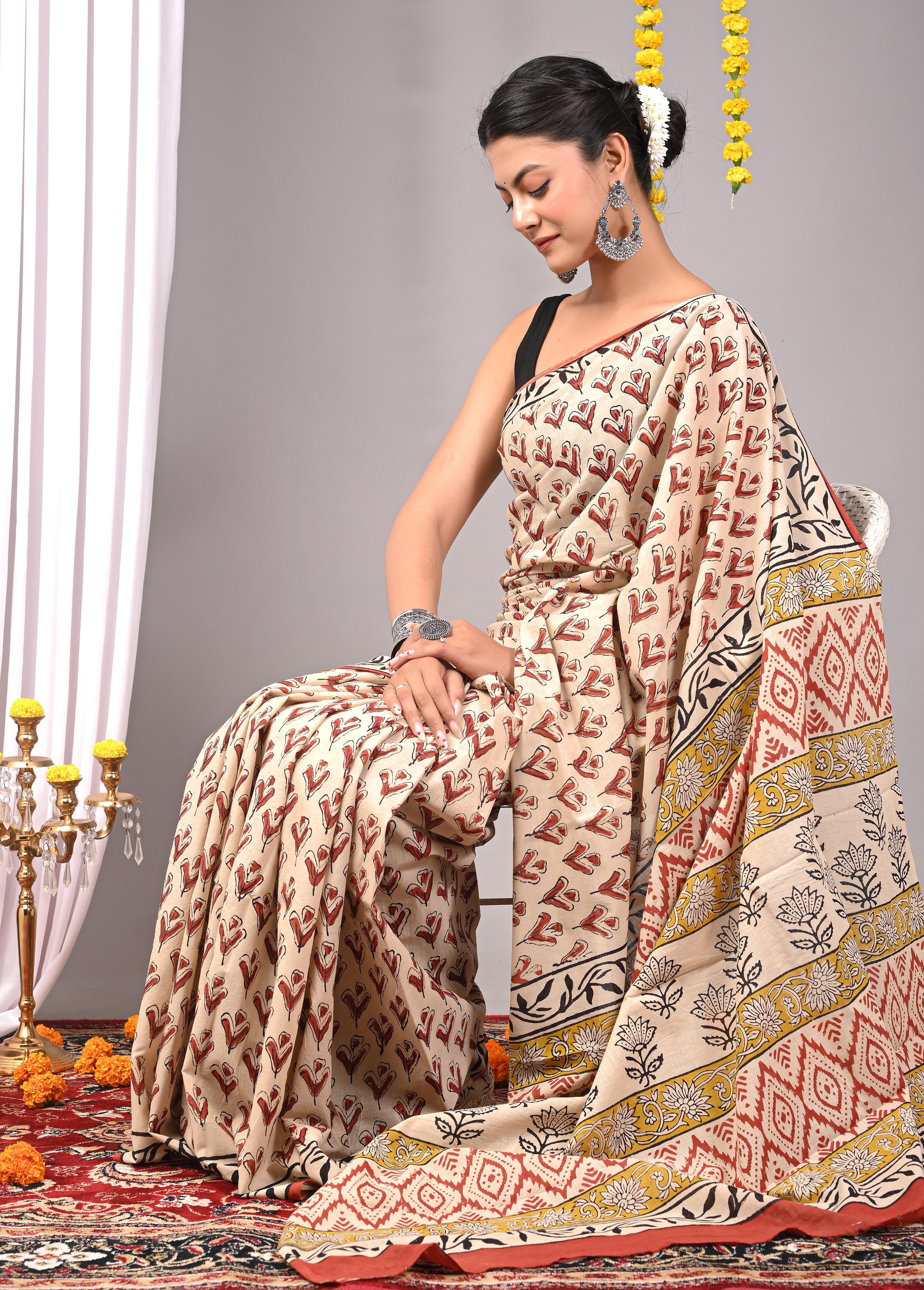 Hand Printed Ivory Cream Pure Cotton Saree