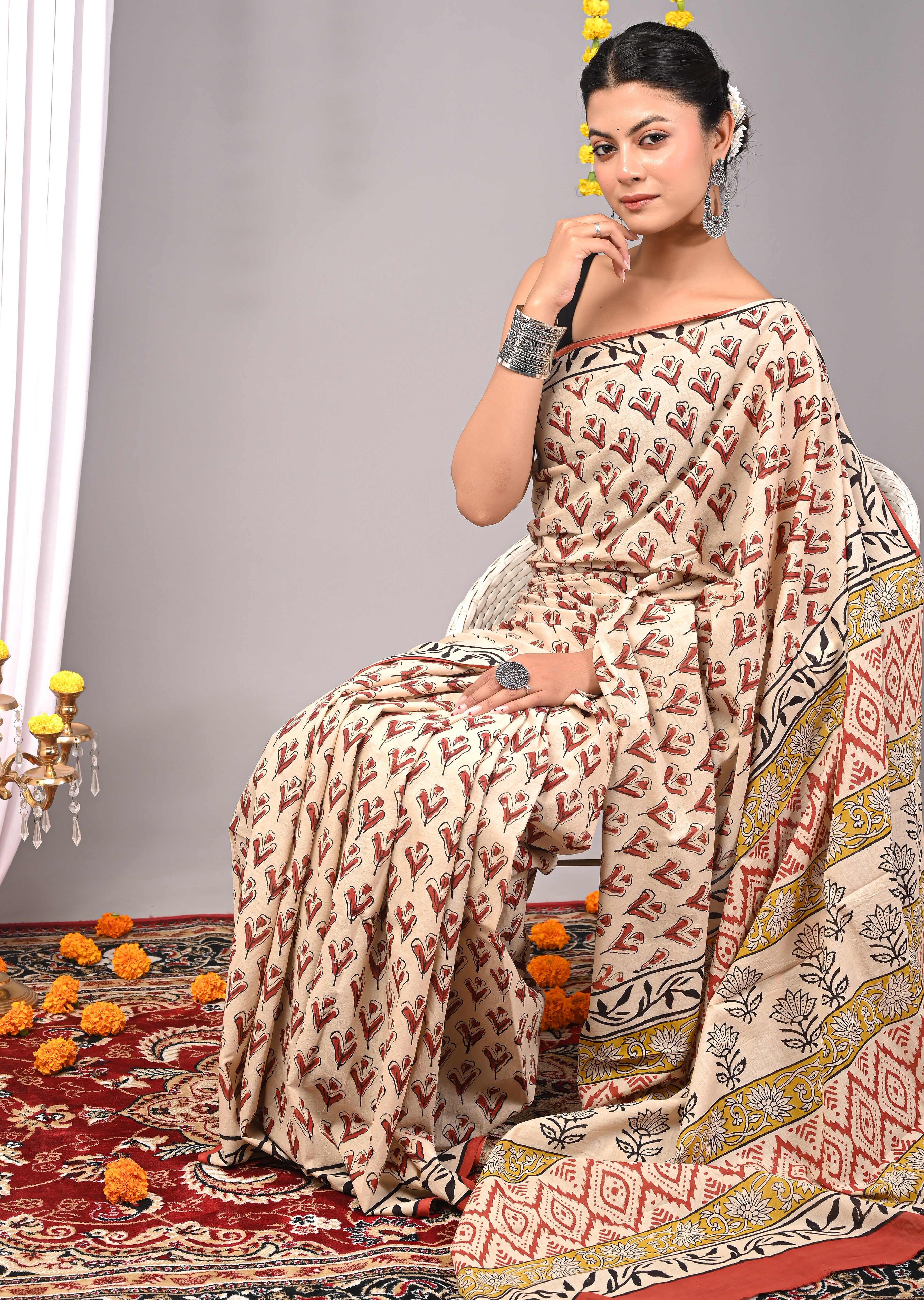Hand Printed Ivory Cream Pure Cotton Saree