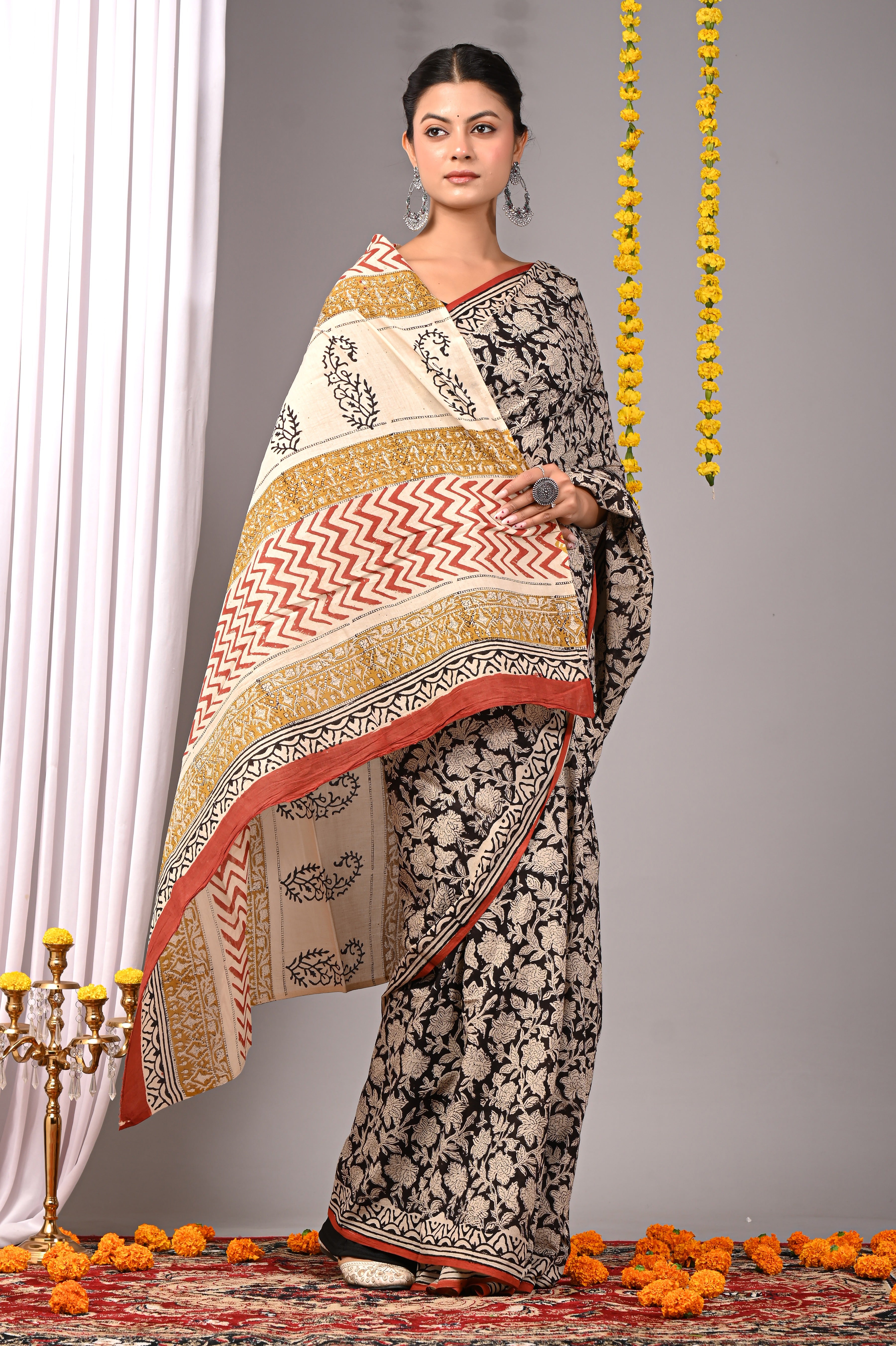 Hand Printed Black and Ivory Pure Cotton Saree