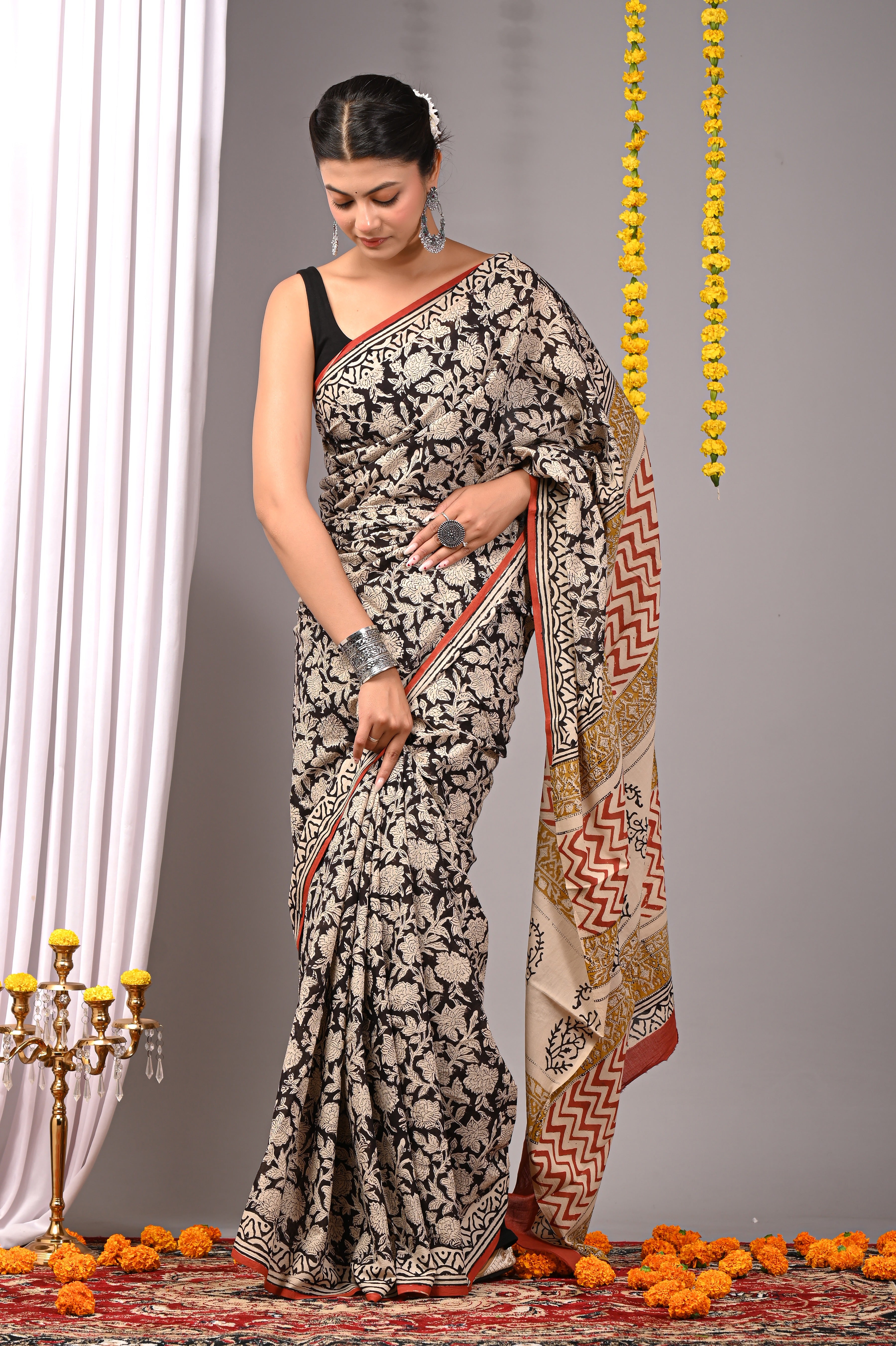 Hand Printed Black and Ivory Pure Cotton Saree