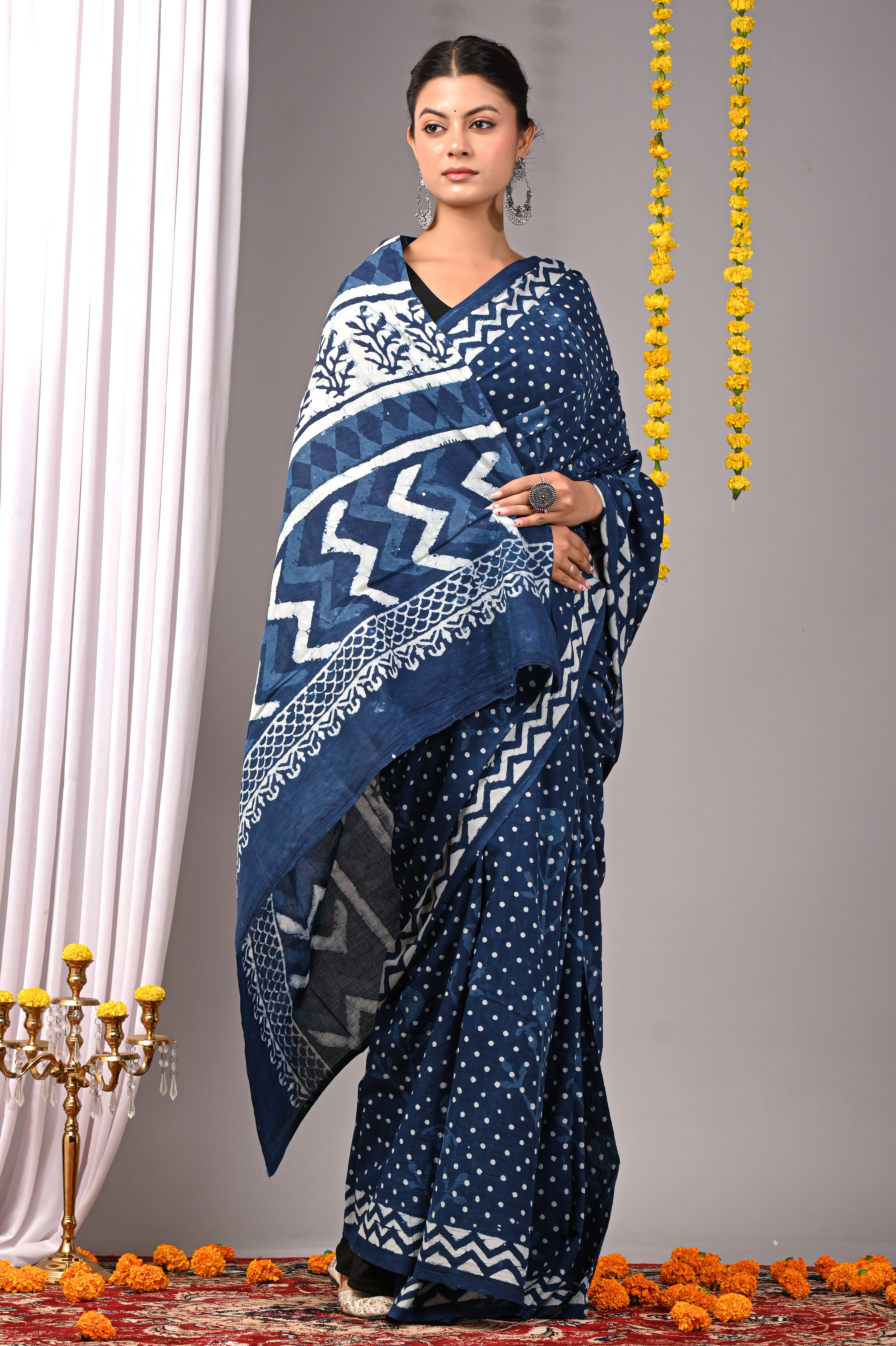 Hand Printed Deep Indigo Blue Pure Cotton Saree