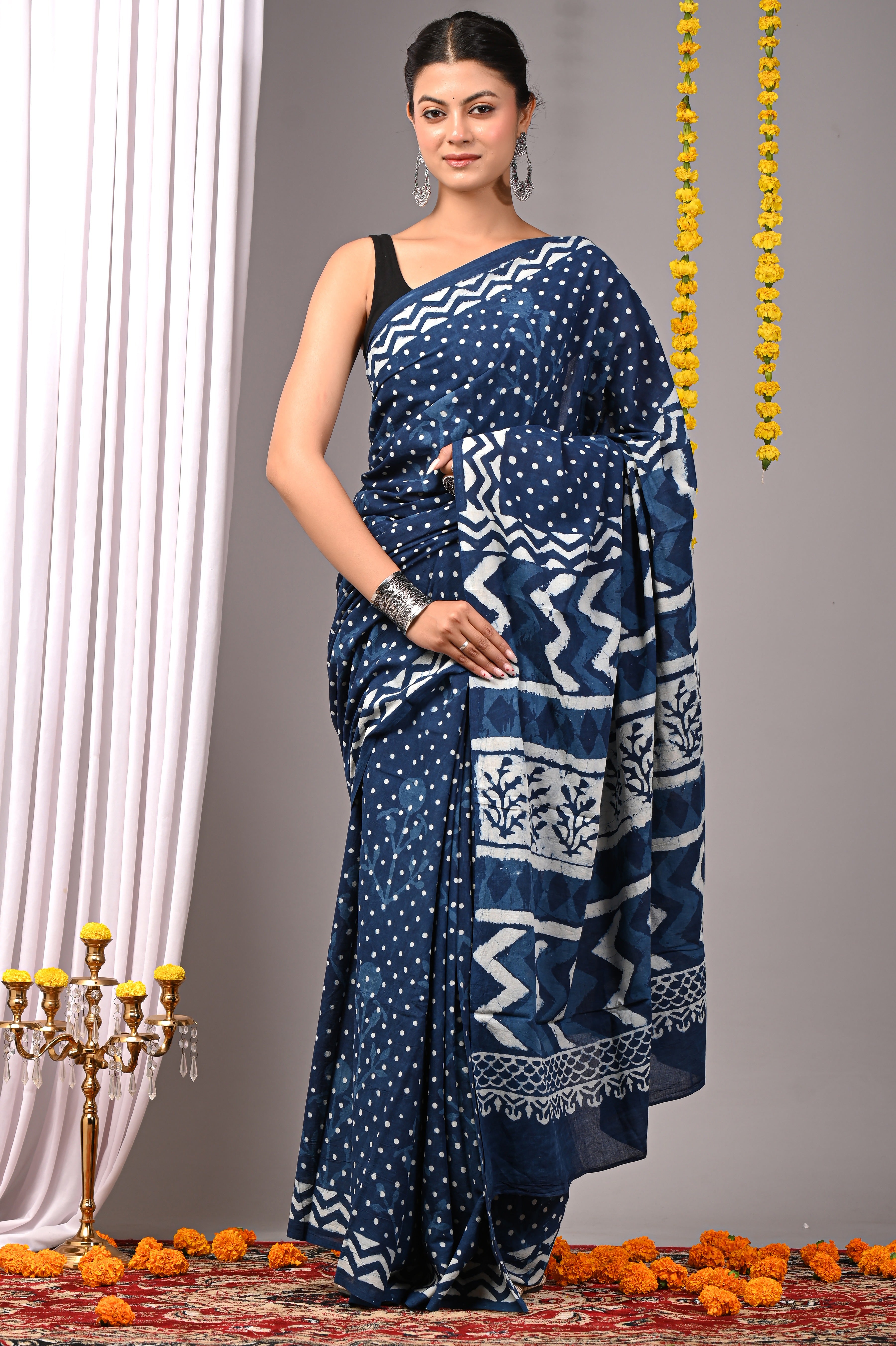Hand Printed Deep Indigo Blue Pure Cotton Saree