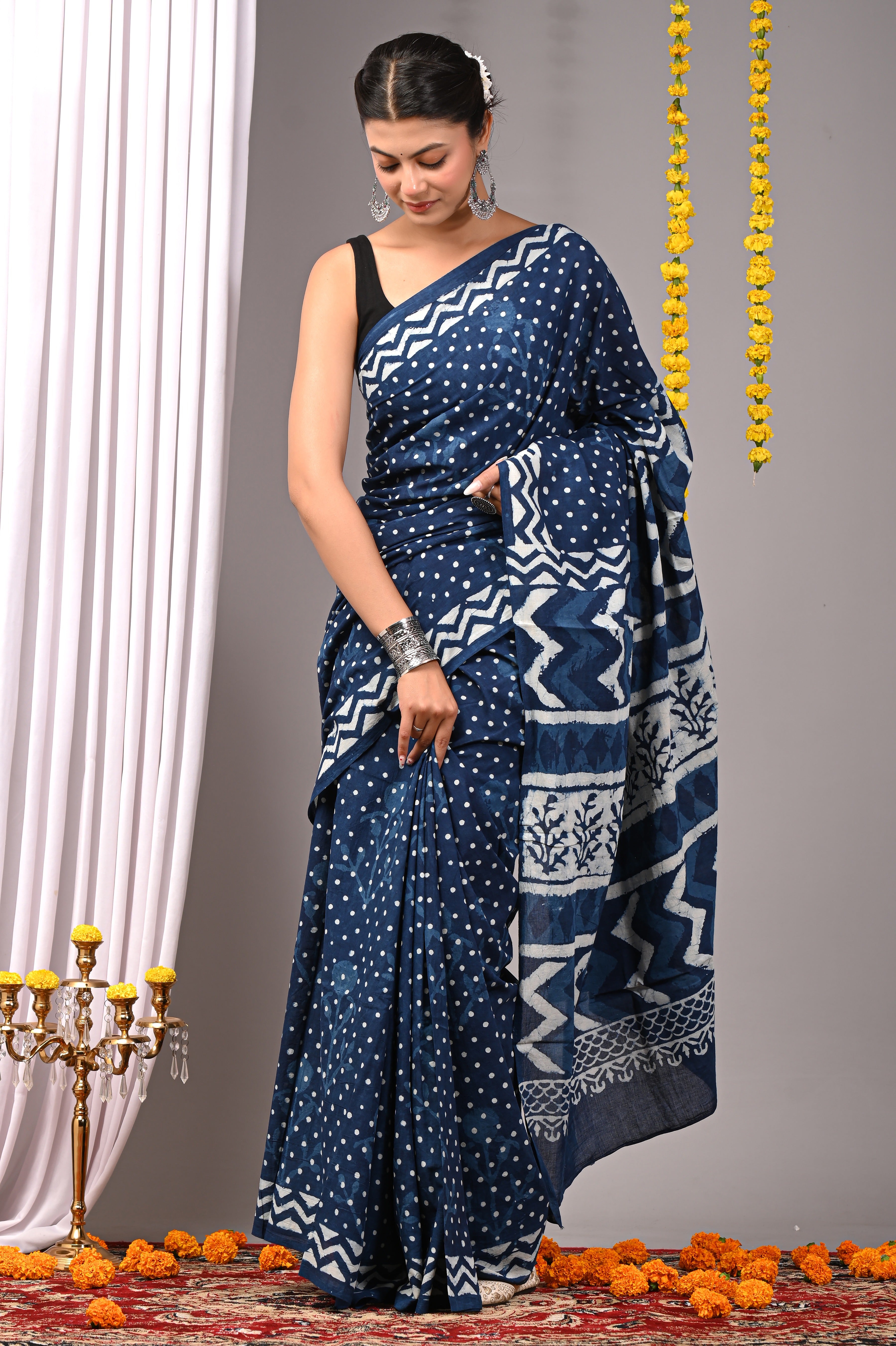Hand Printed Deep Indigo Blue Pure Cotton Saree