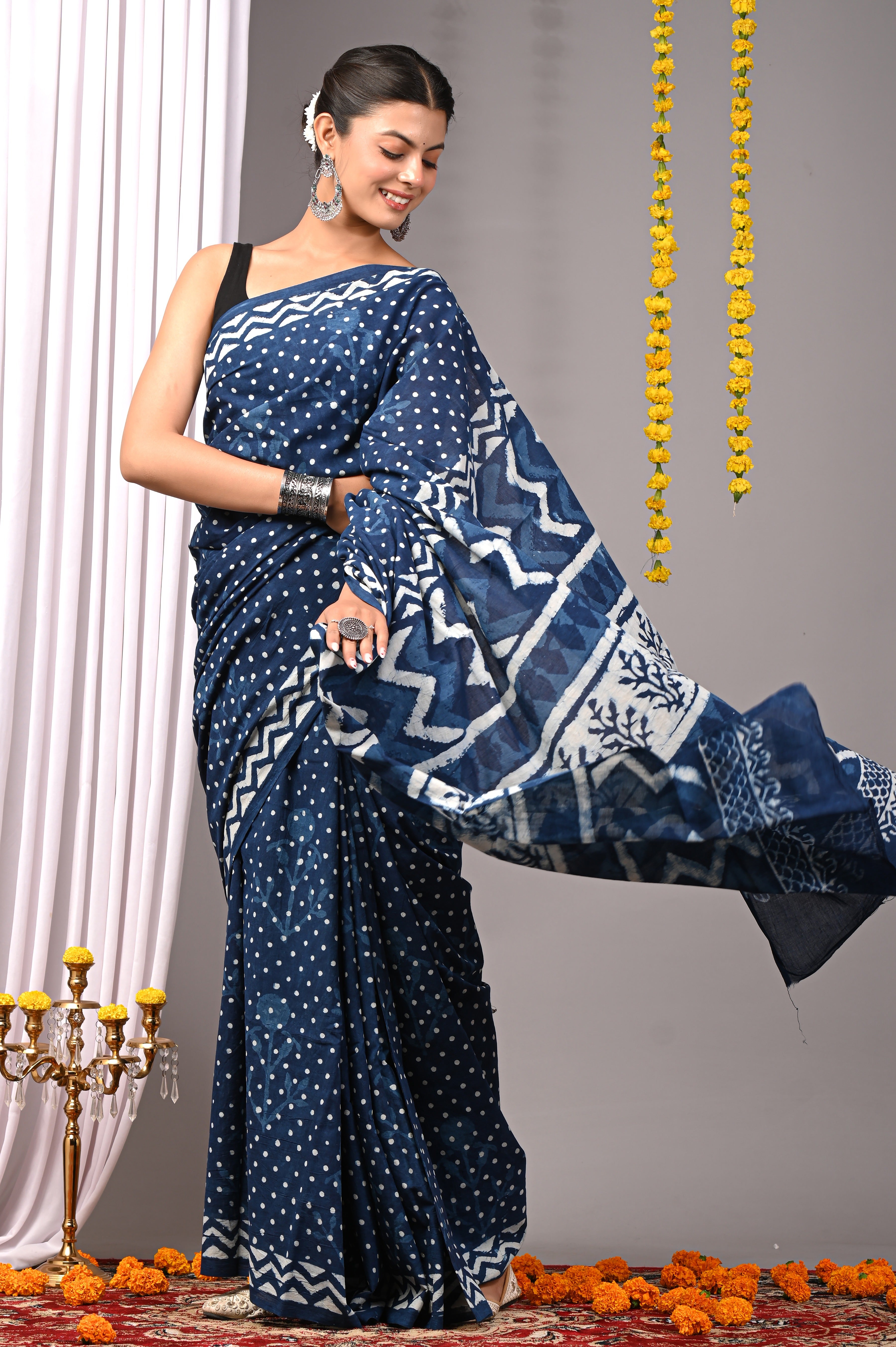 Hand Printed Deep Indigo Blue Pure Cotton Saree