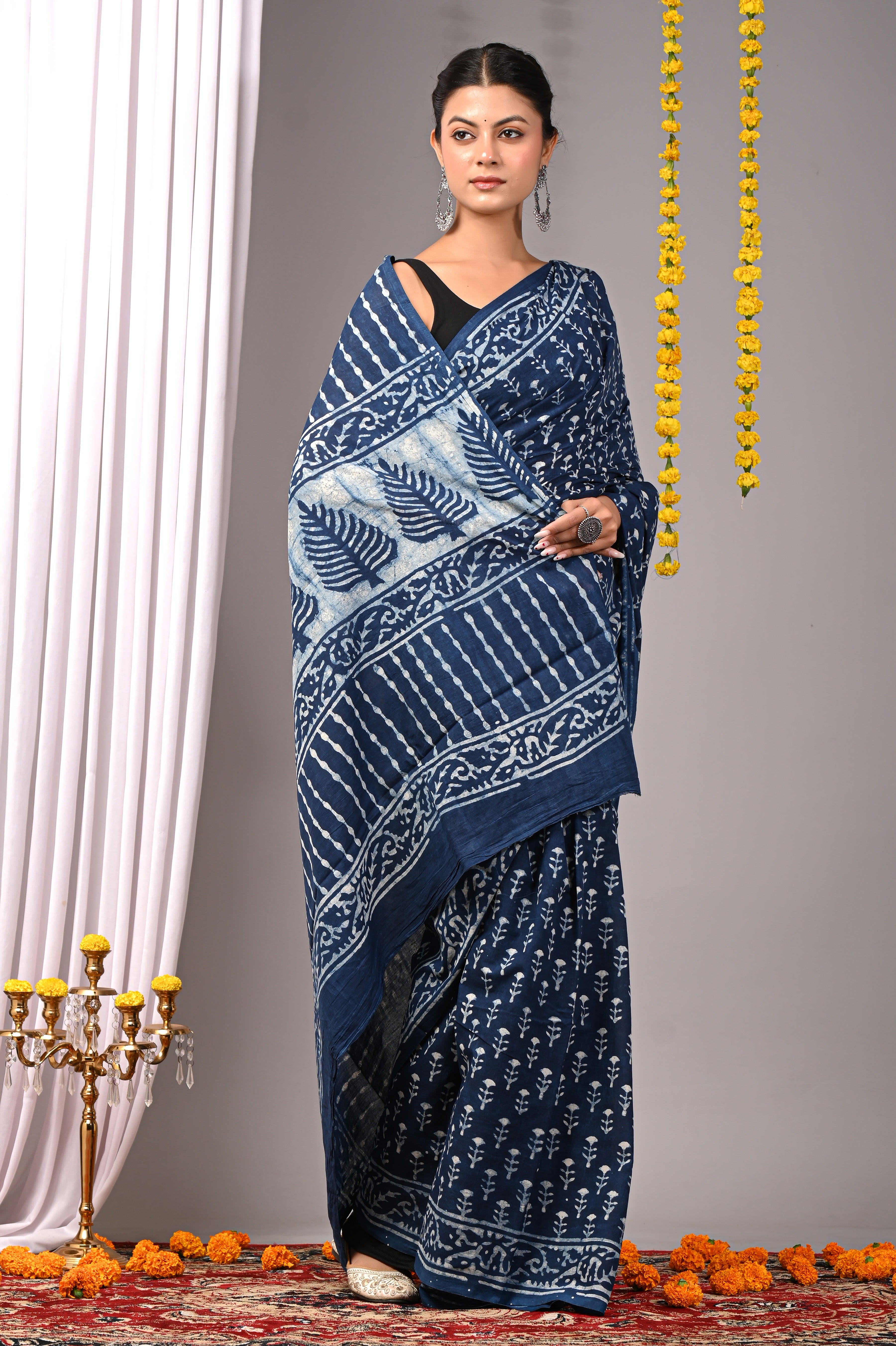 Hand Printed Indigo Blue Pure Cotton Saree