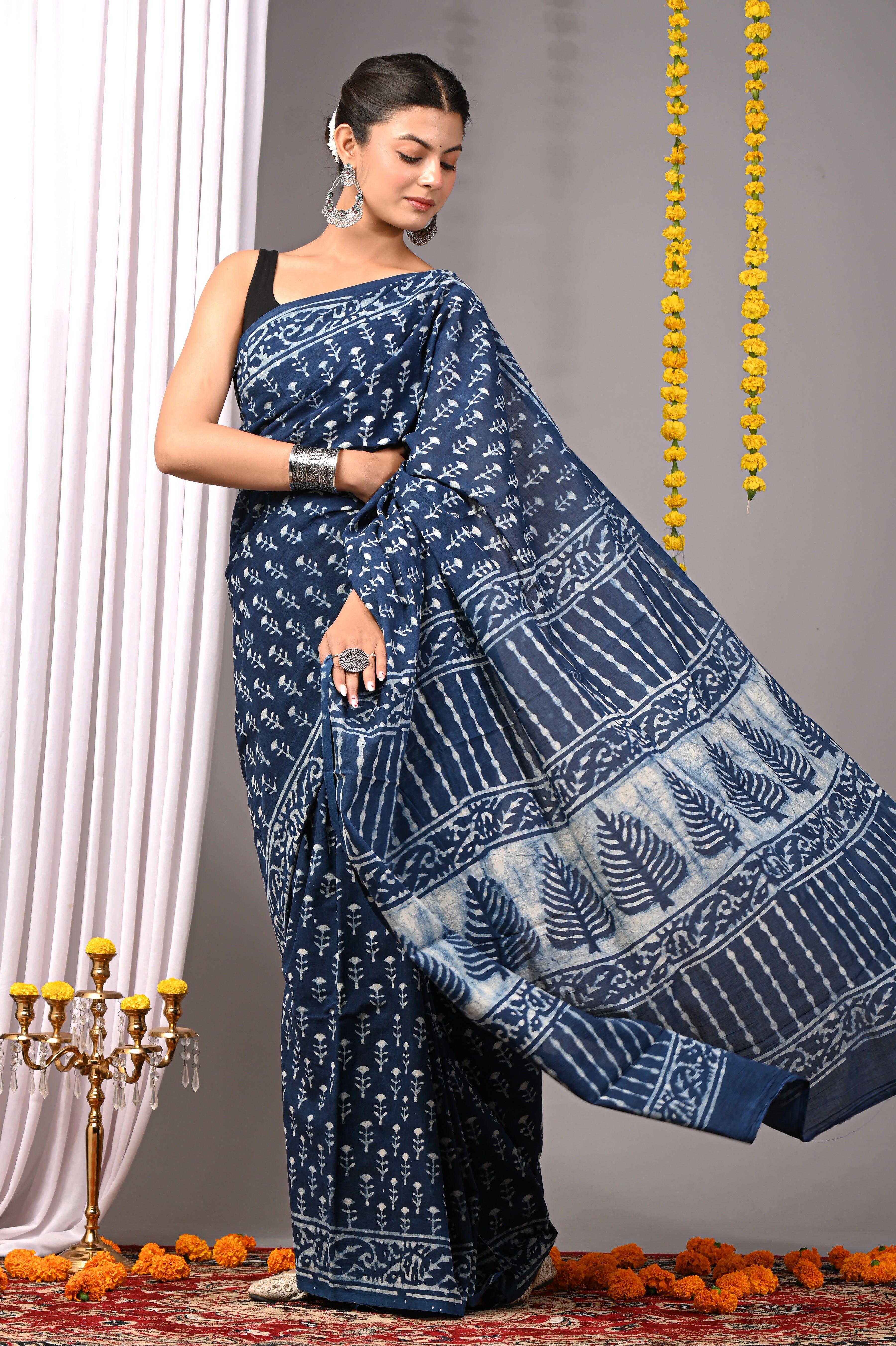 Hand Printed Indigo Blue Pure Cotton Saree