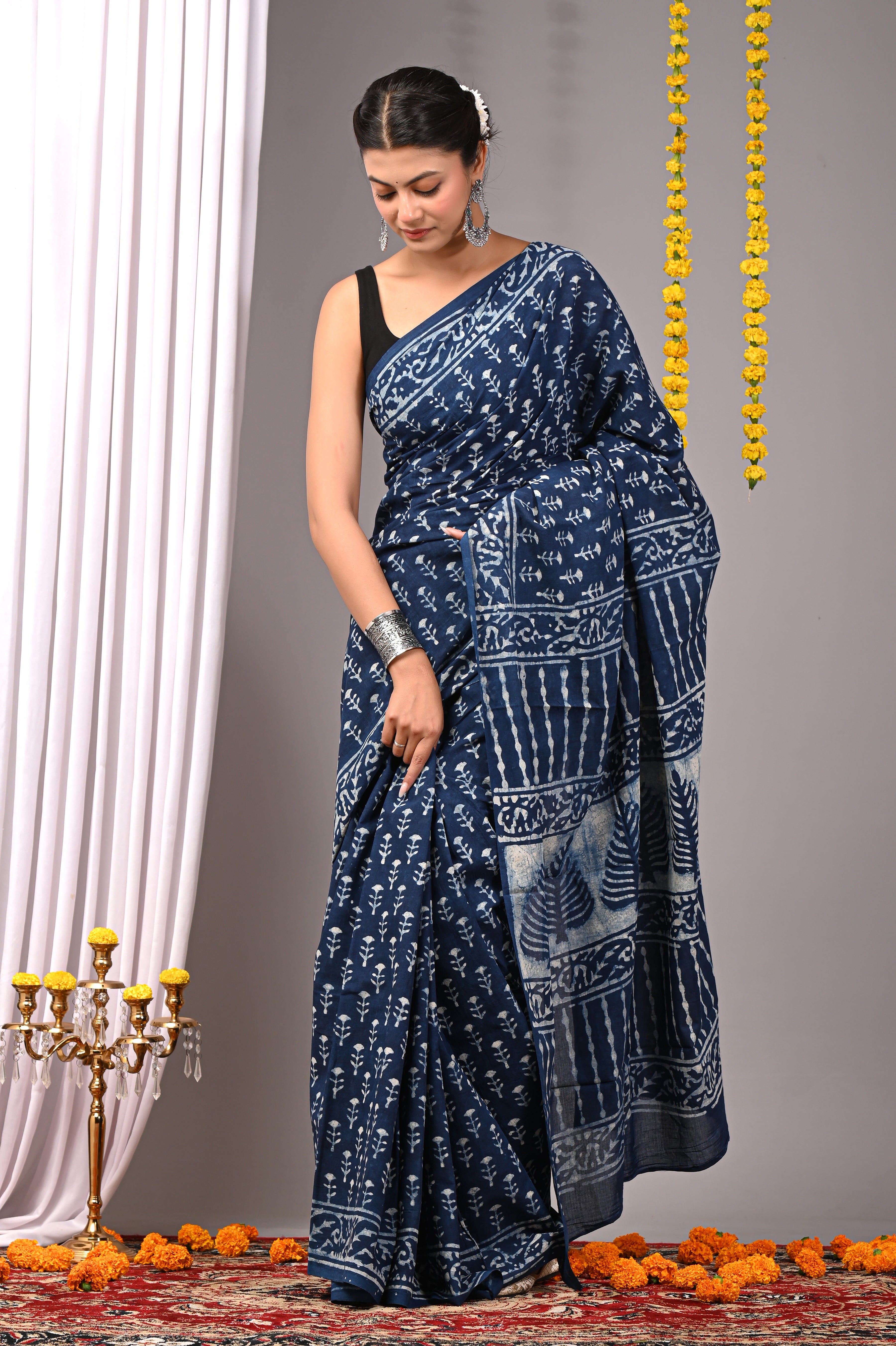 Hand Printed Indigo Blue Pure Cotton Saree