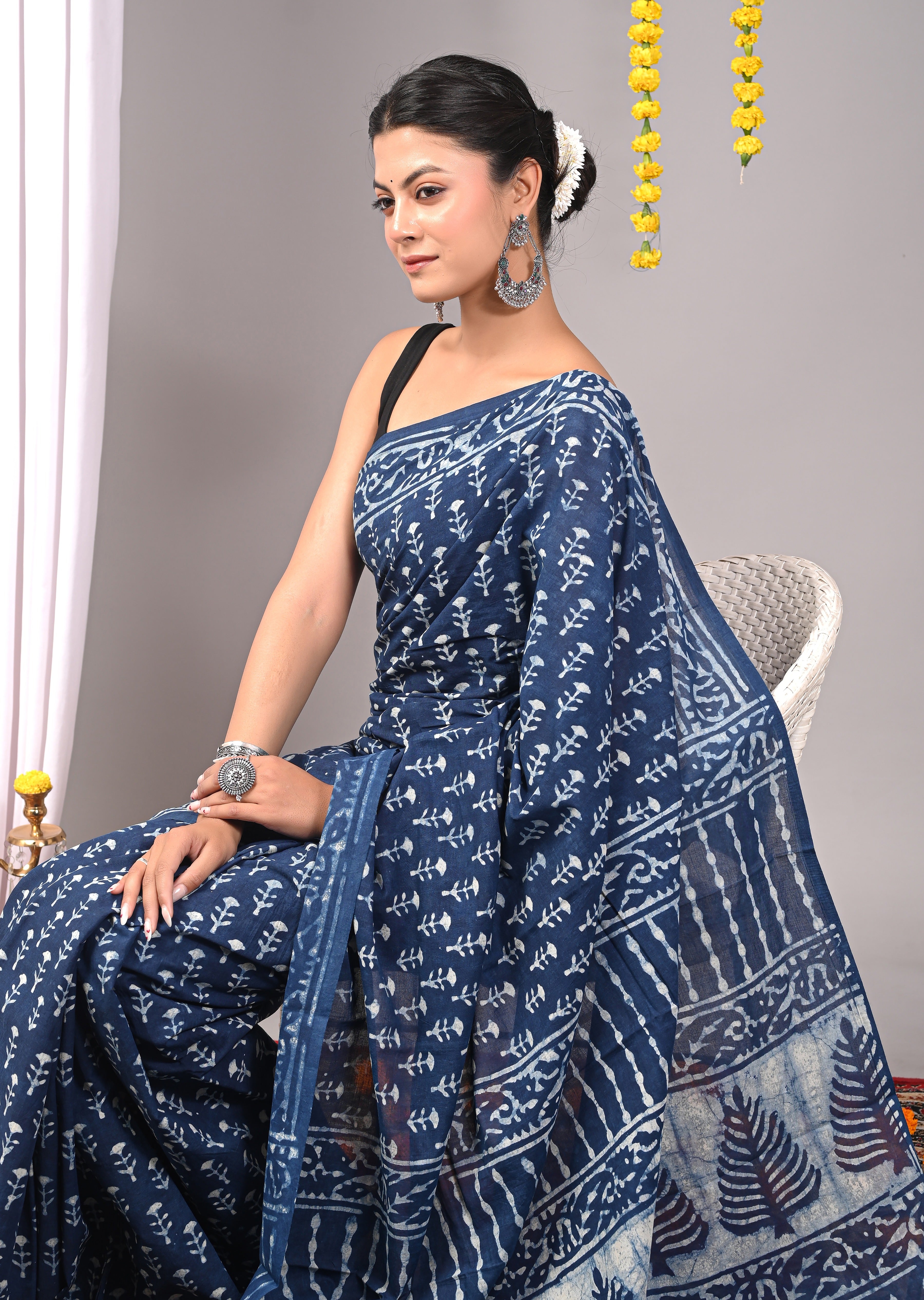 Hand Printed Indigo Blue Pure Cotton Saree