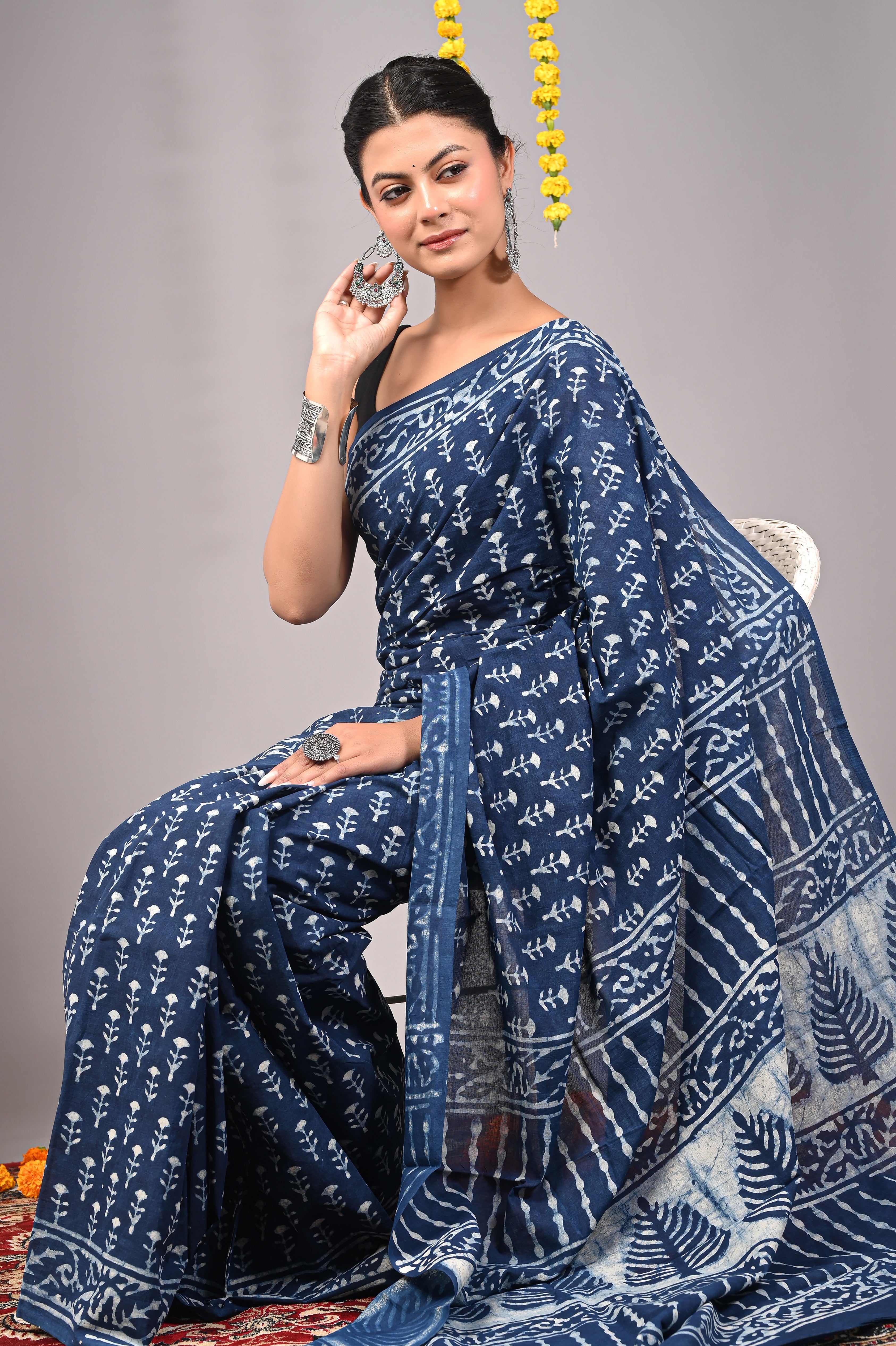 Hand Printed Indigo Blue Pure Cotton Saree