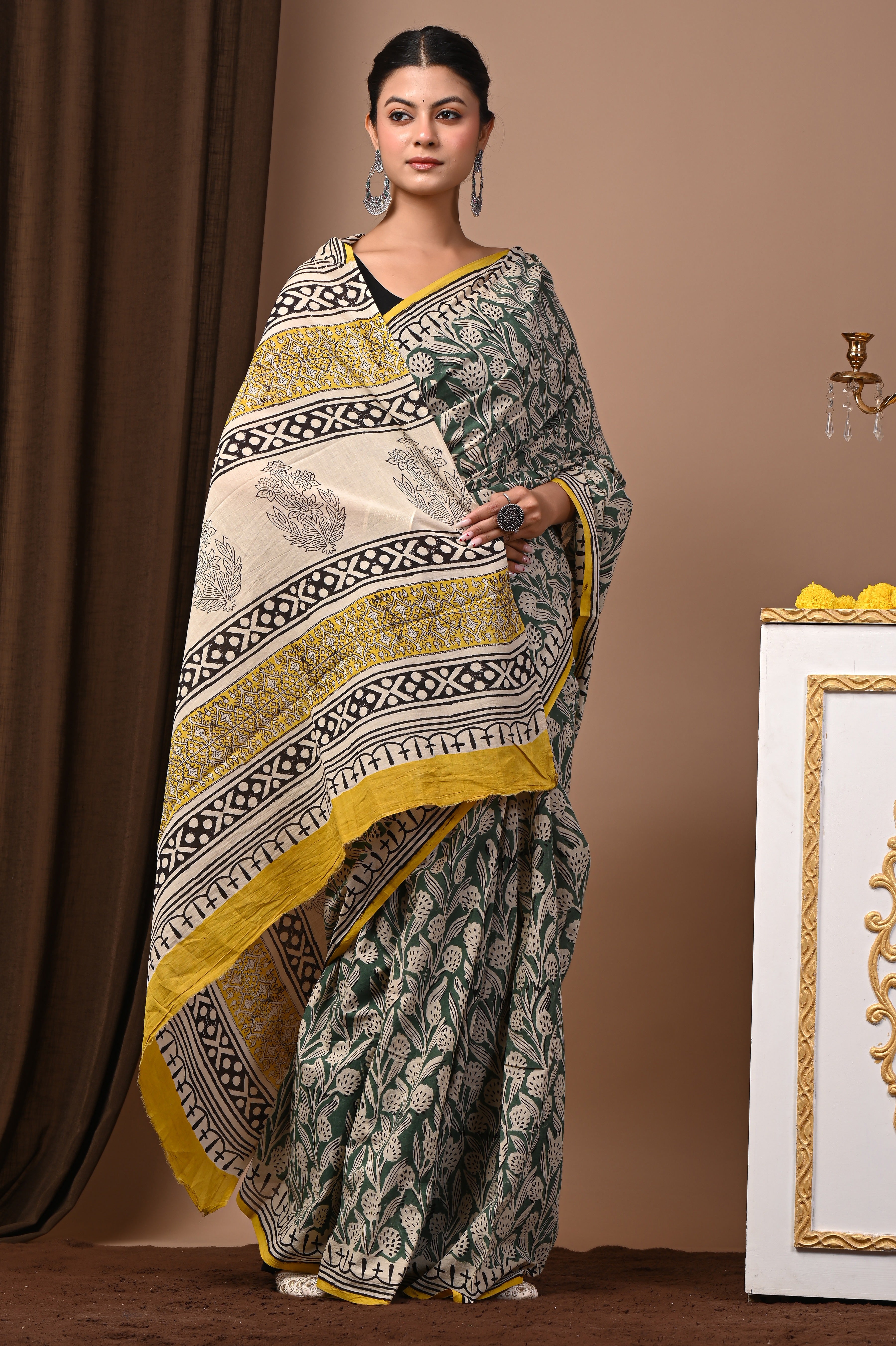 Hand Printed Sage Green Pure Cotton Saree
