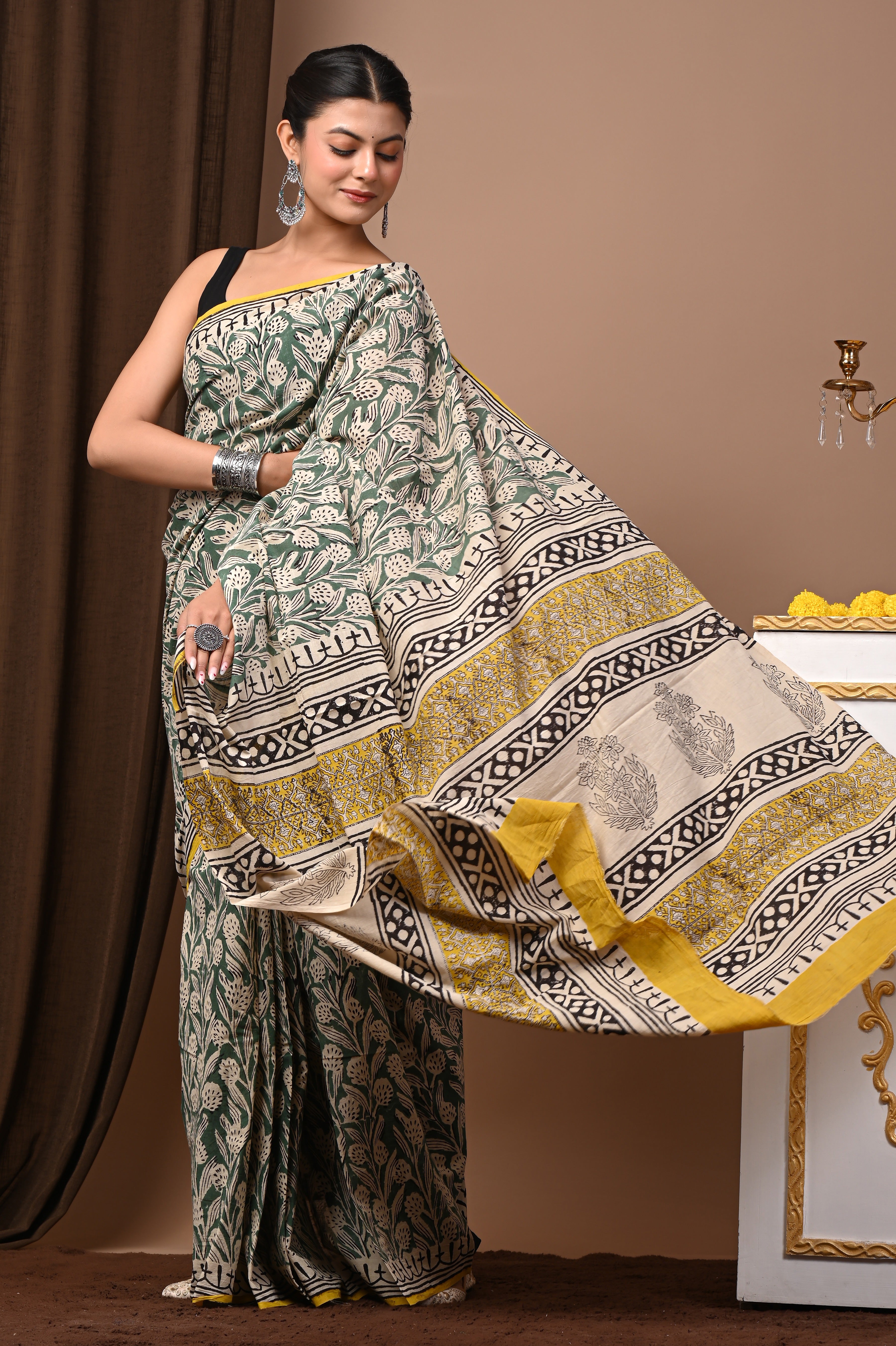 Hand Printed Sage Green Pure Cotton Saree