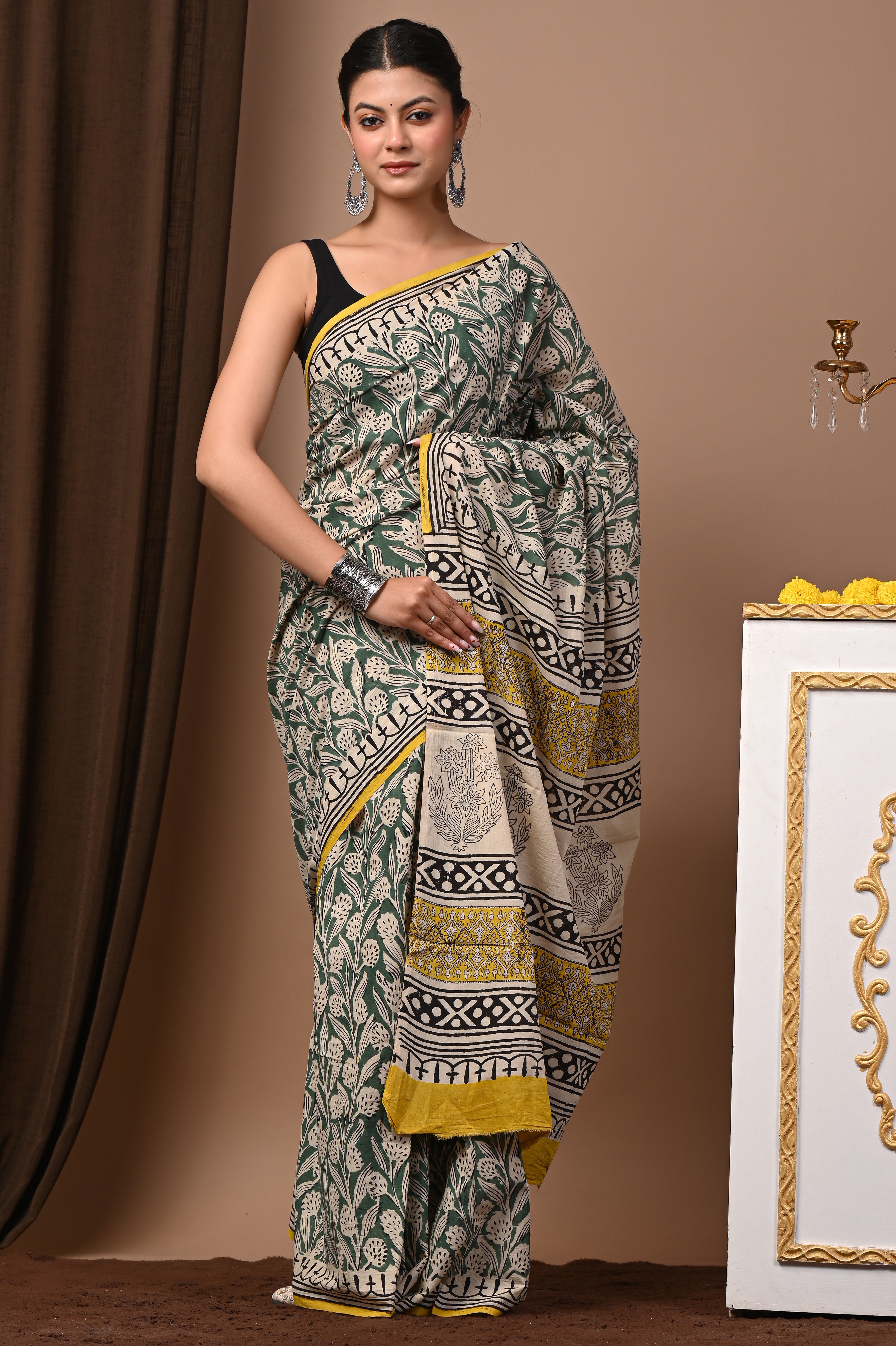 Hand Printed Sage Green Pure Cotton Saree