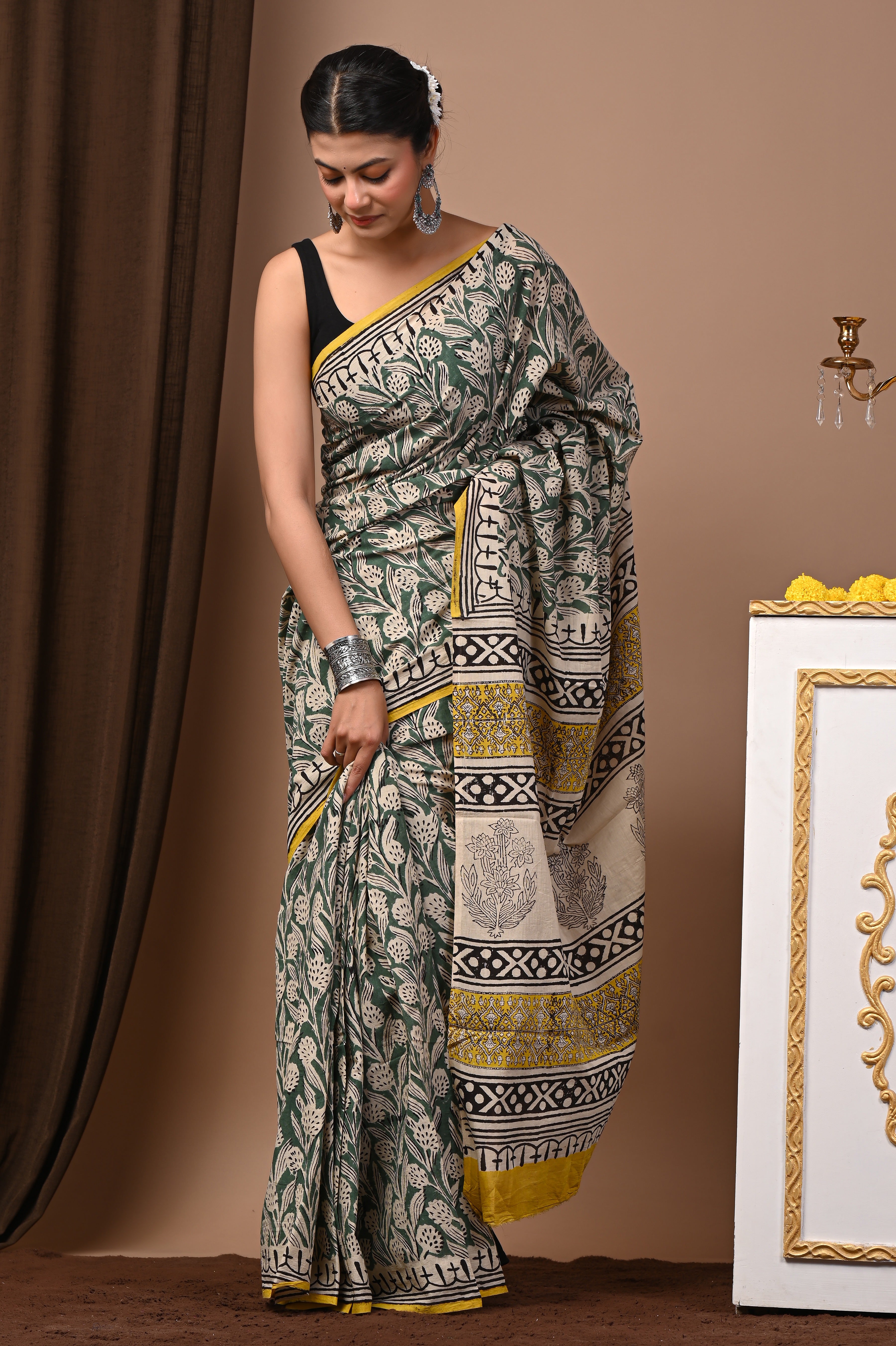 Hand Printed Sage Green Pure Cotton Saree