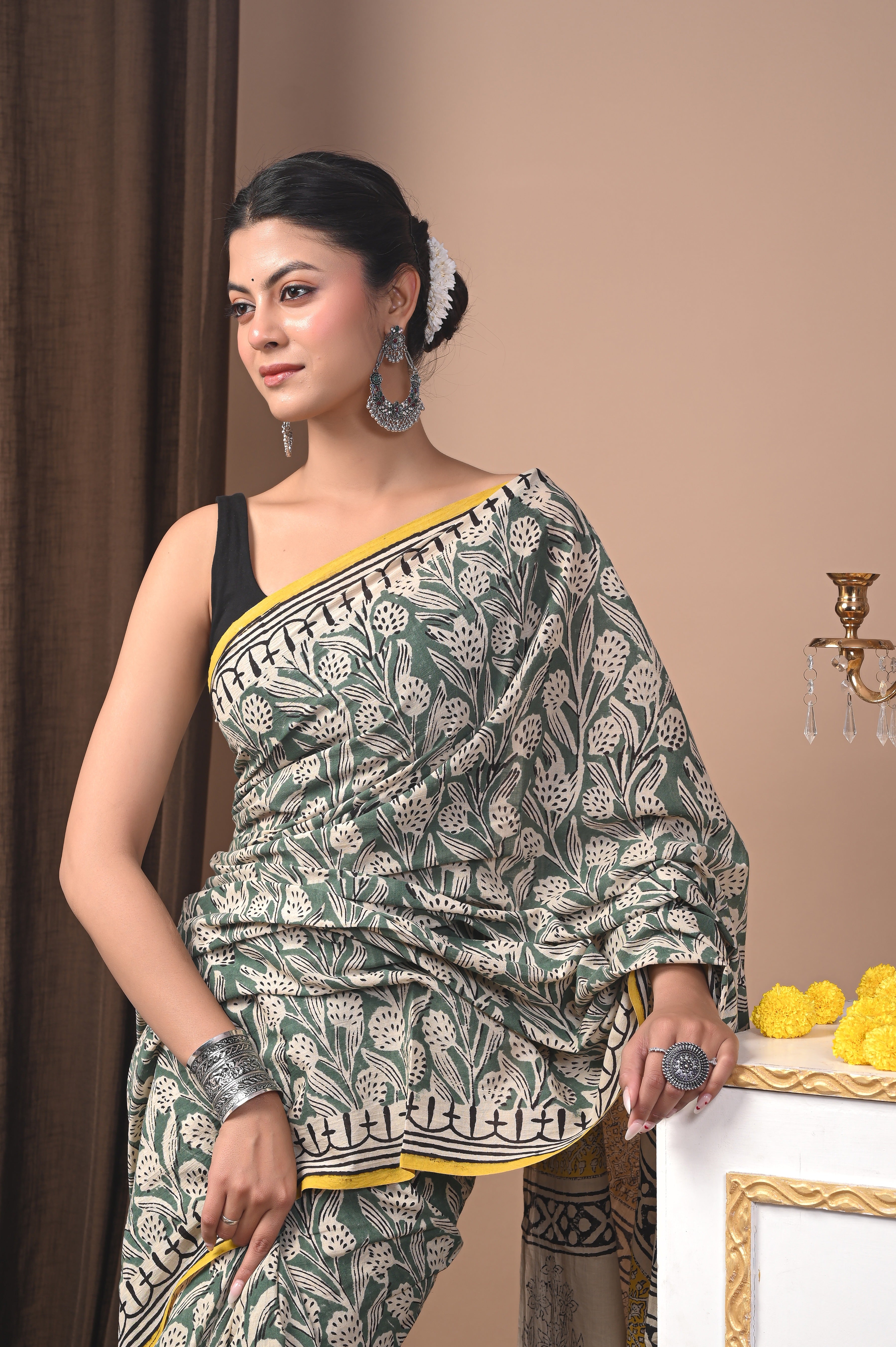 Hand Printed Sage Green Pure Cotton Saree