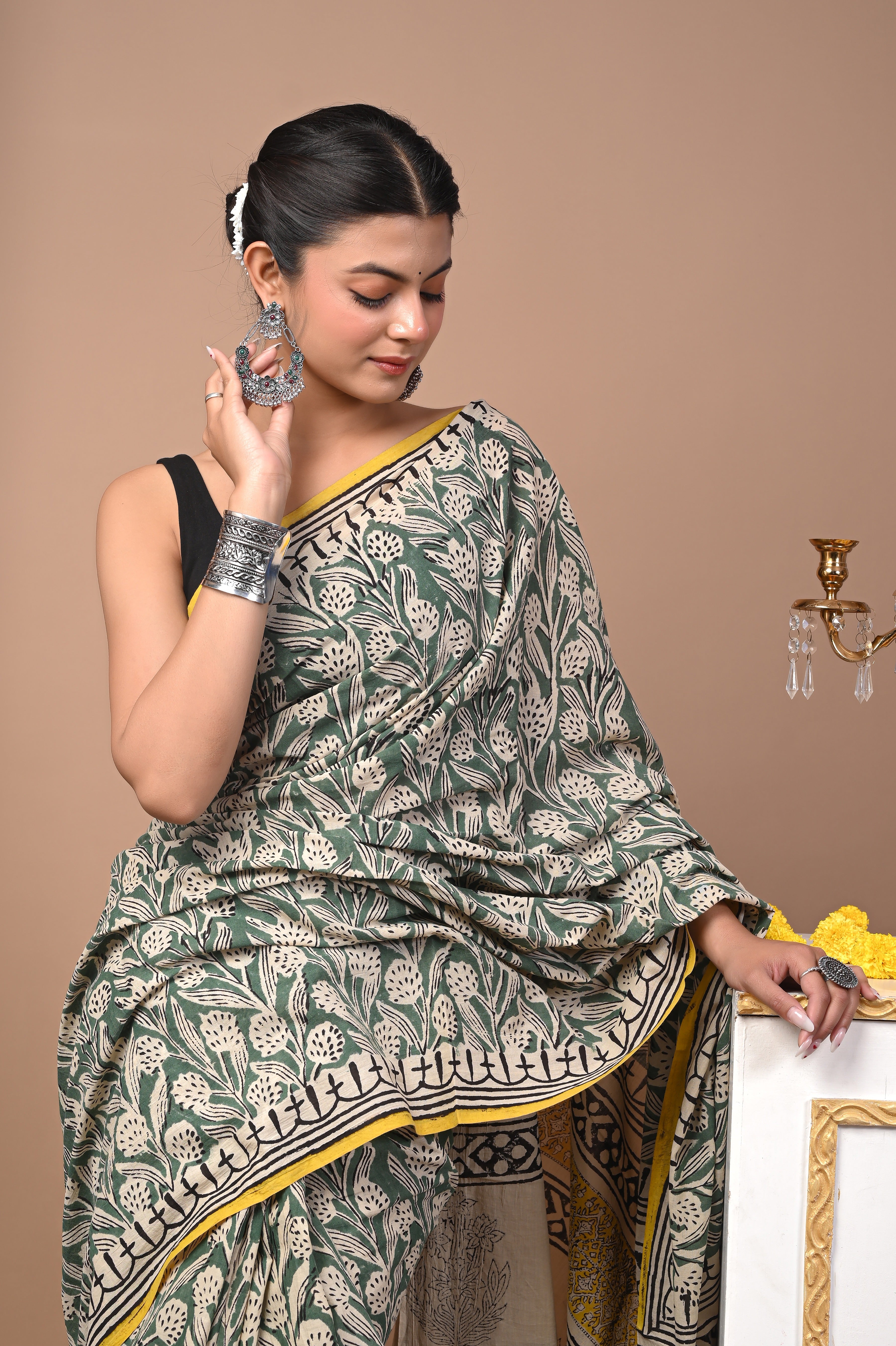 Hand Printed Sage Green Pure Cotton Saree
