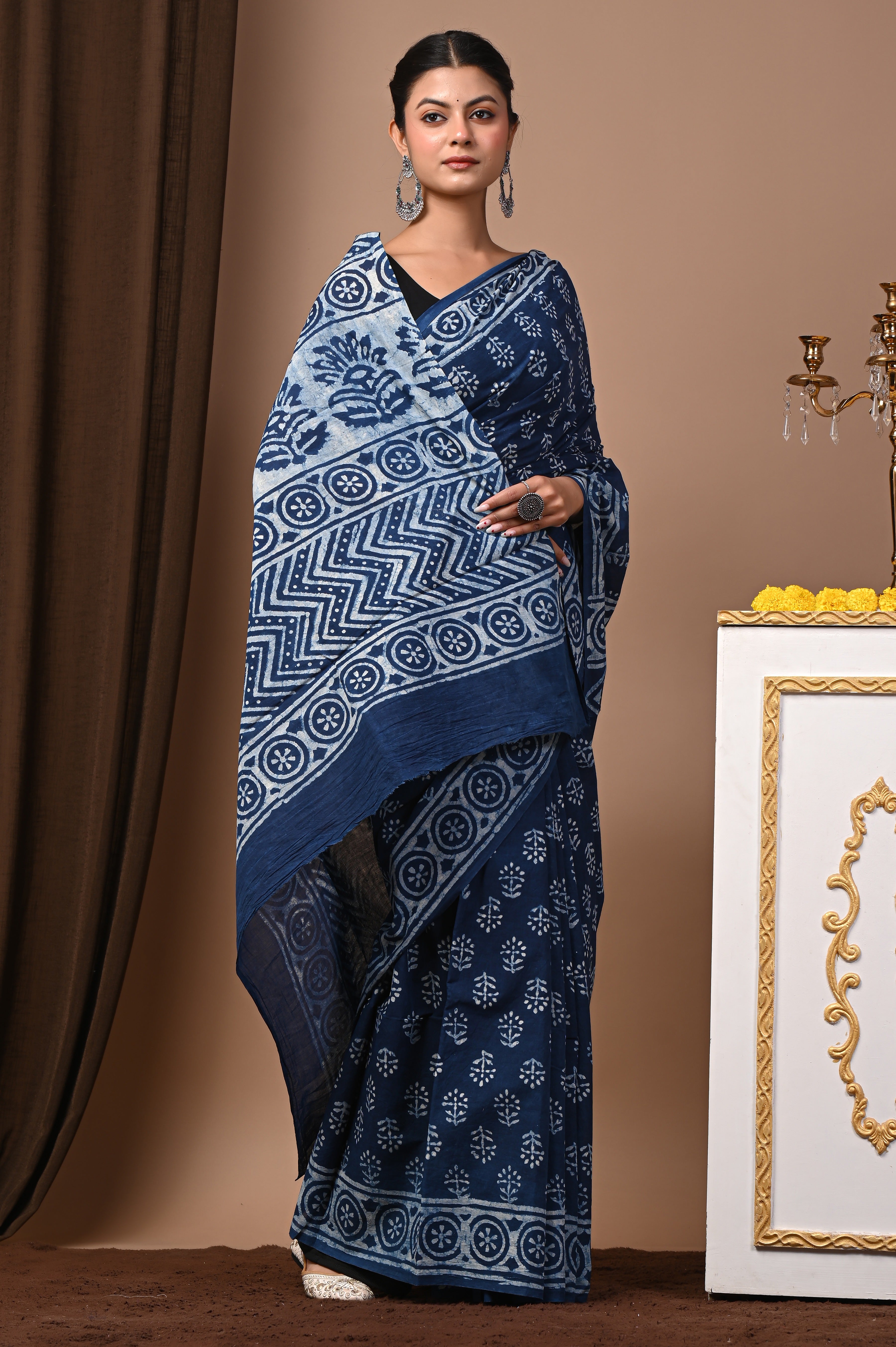 Hand Printed Midnight Indigo Blue Pure Cotton Saree
