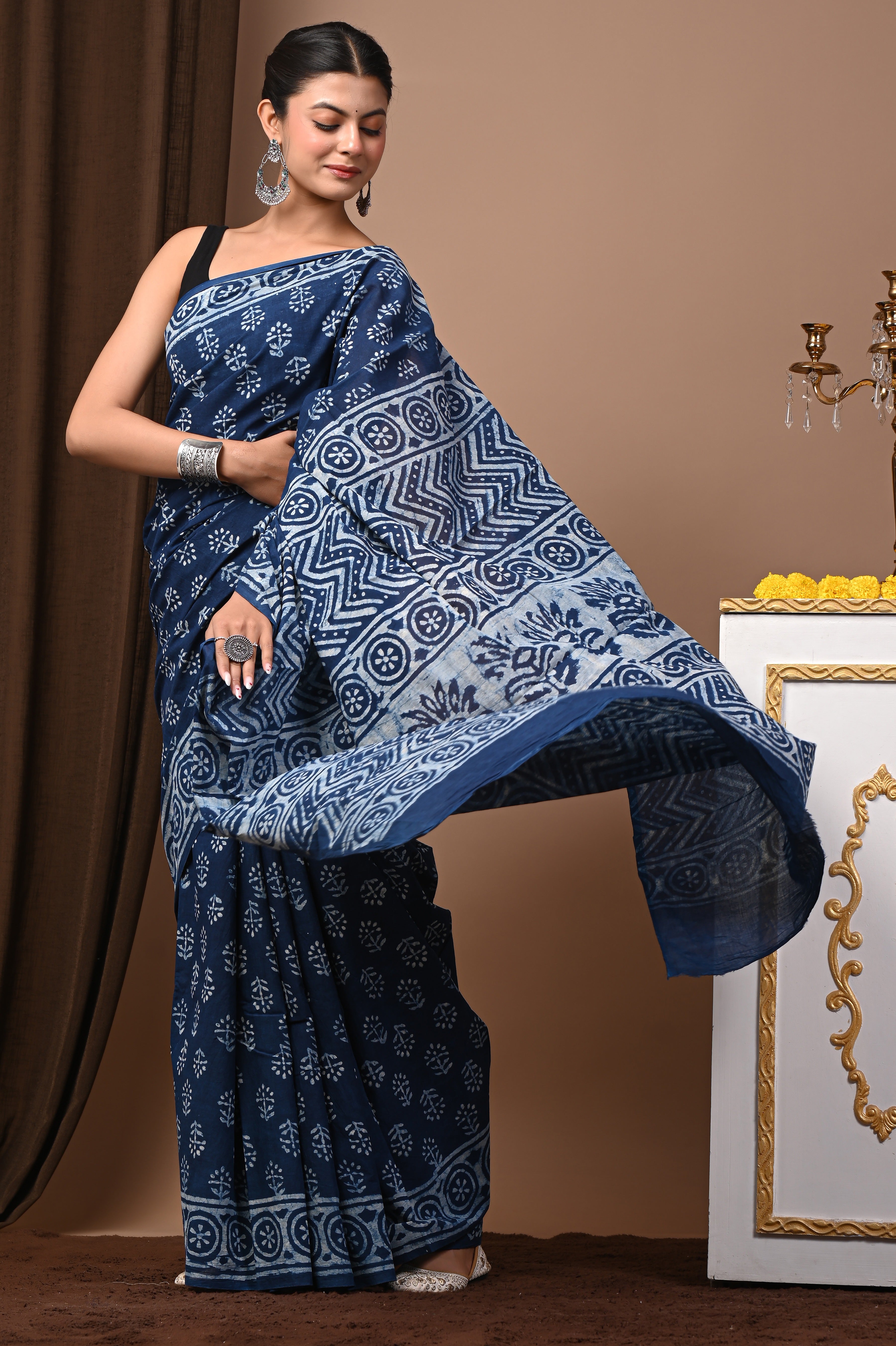 Hand Printed Midnight Indigo Blue Pure Cotton Saree