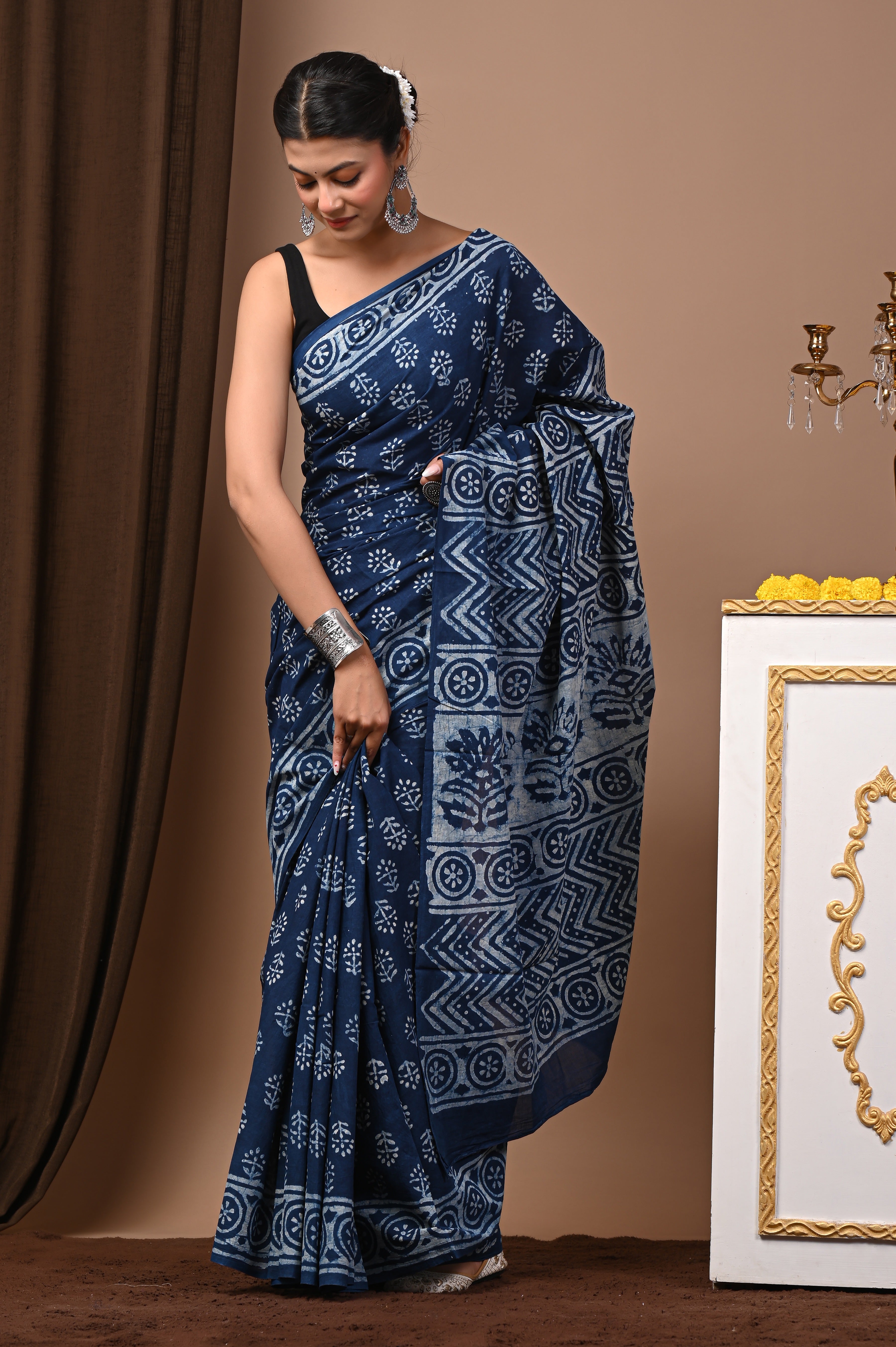 Hand Printed Midnight Indigo Blue Pure Cotton Saree