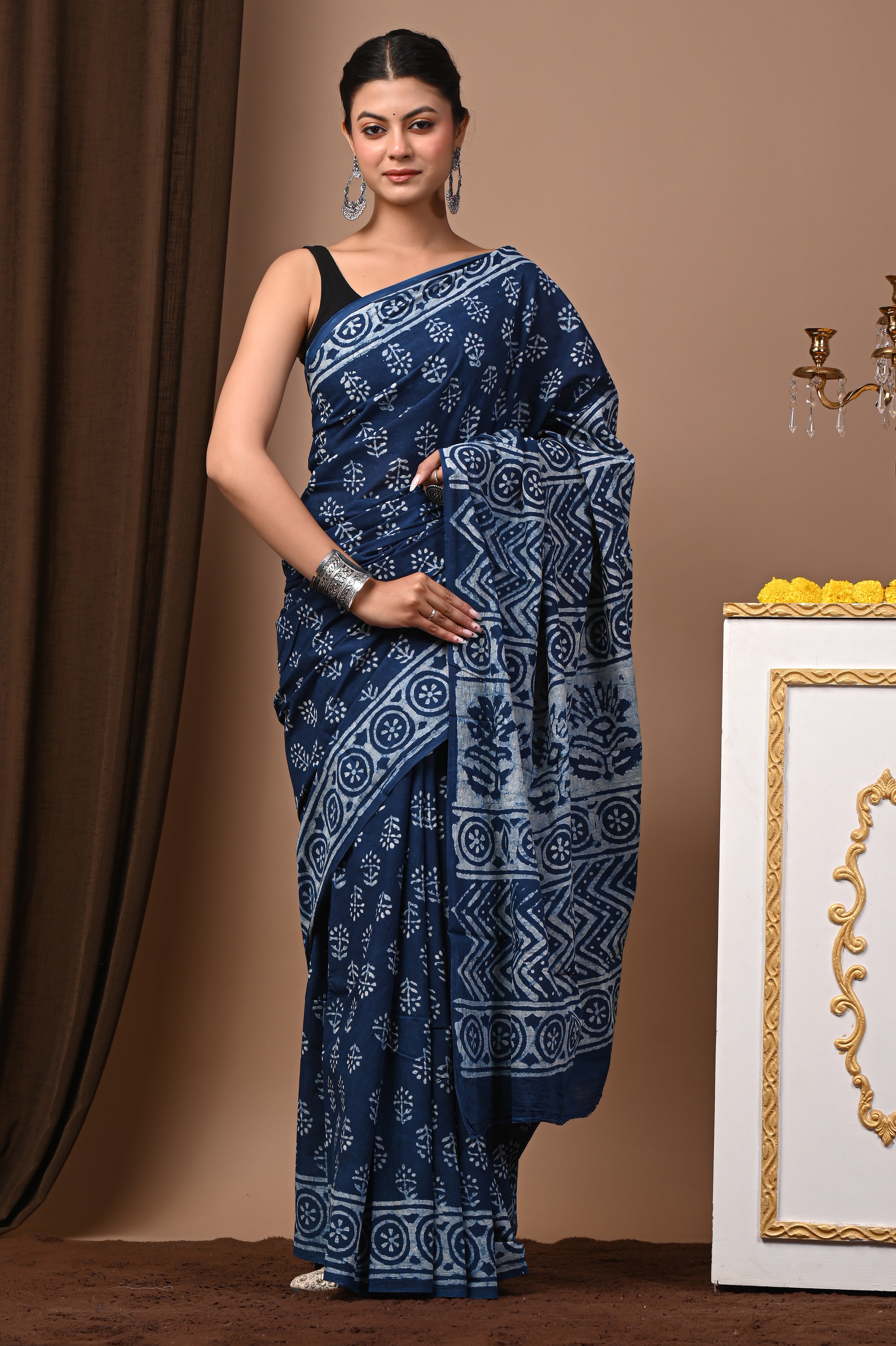 Hand Printed Midnight Indigo Blue Pure Cotton Saree