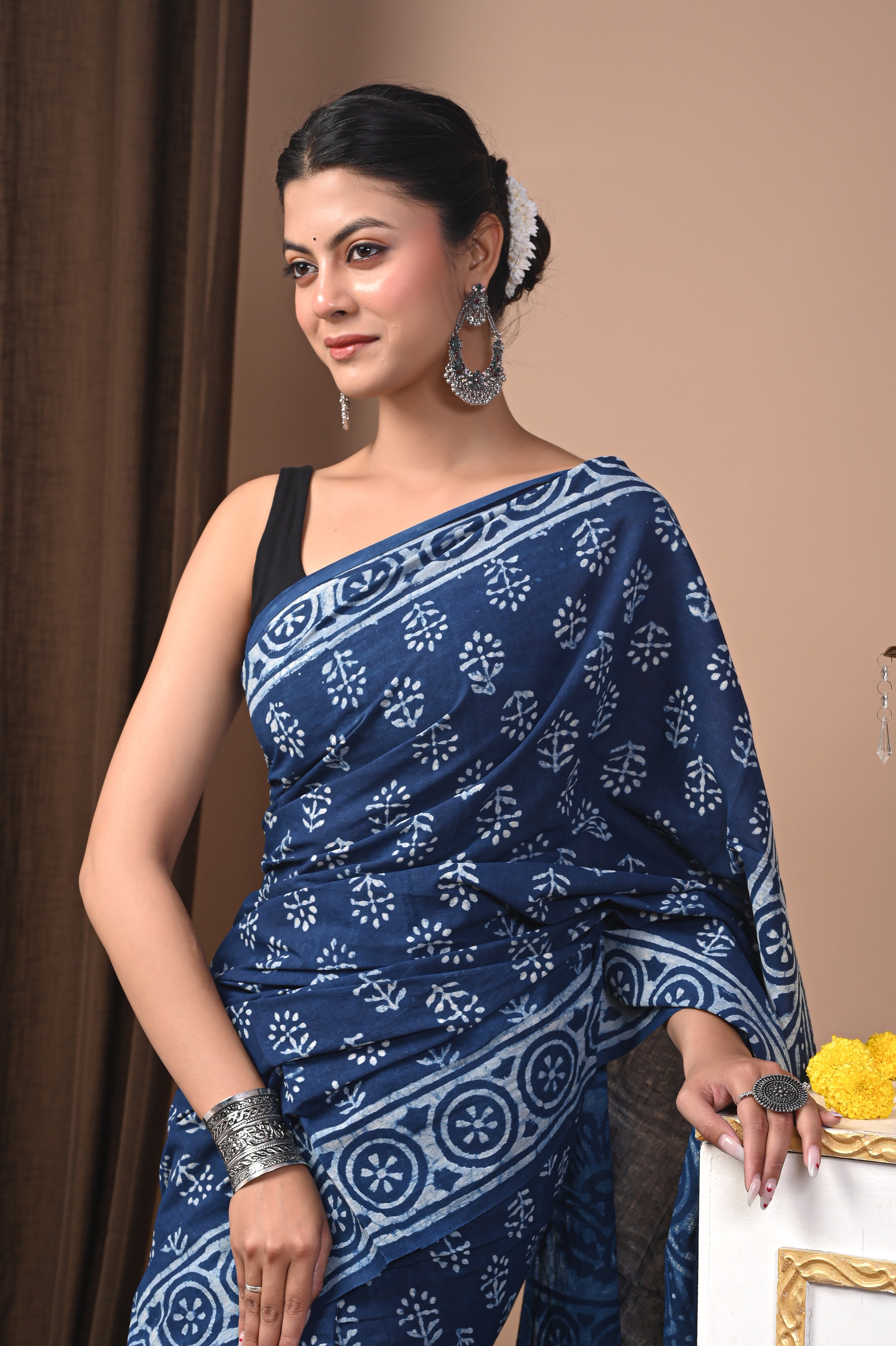 Hand Printed Midnight Indigo Blue Pure Cotton Saree