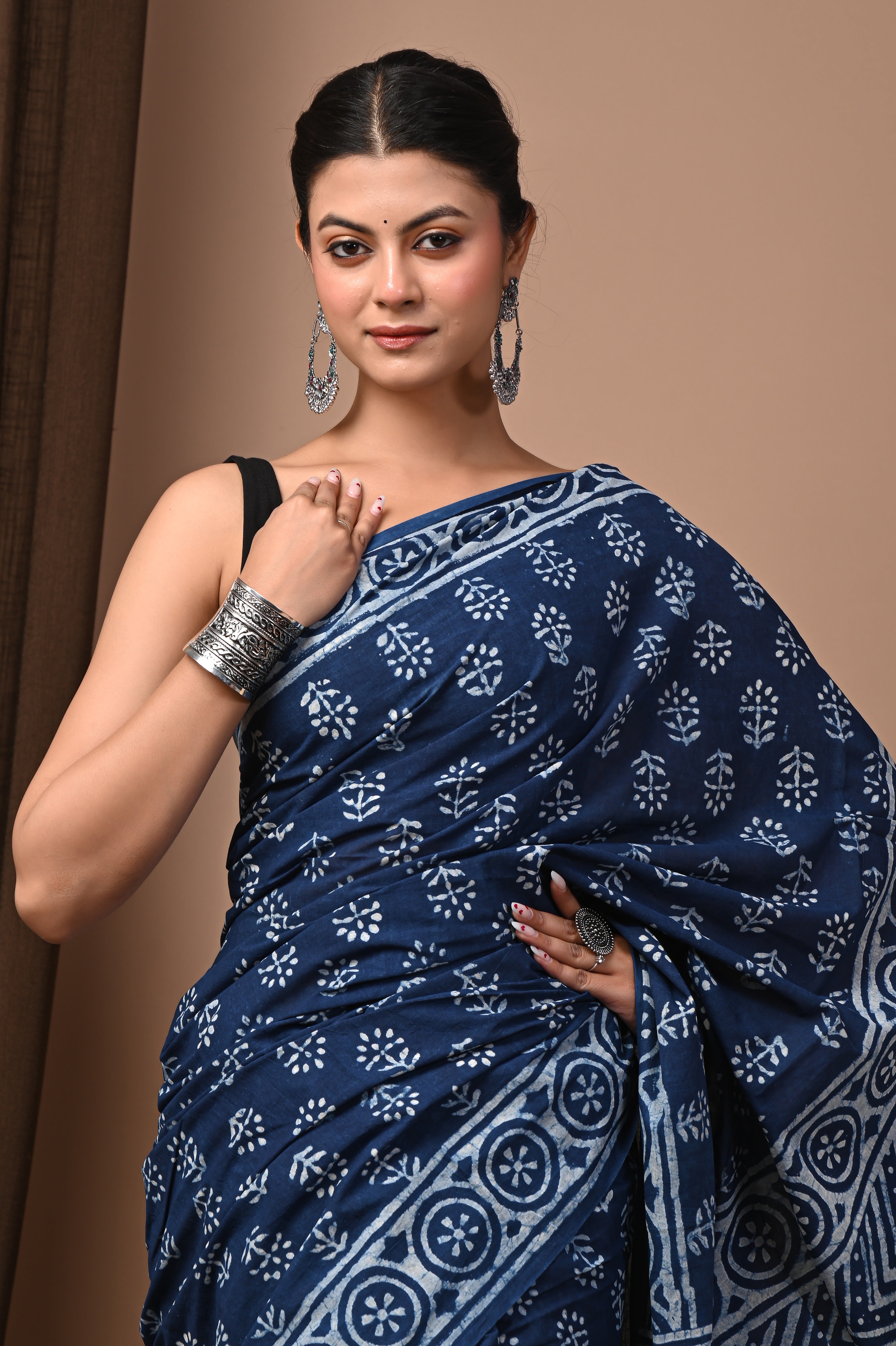Hand Printed Midnight Indigo Blue Pure Cotton Saree