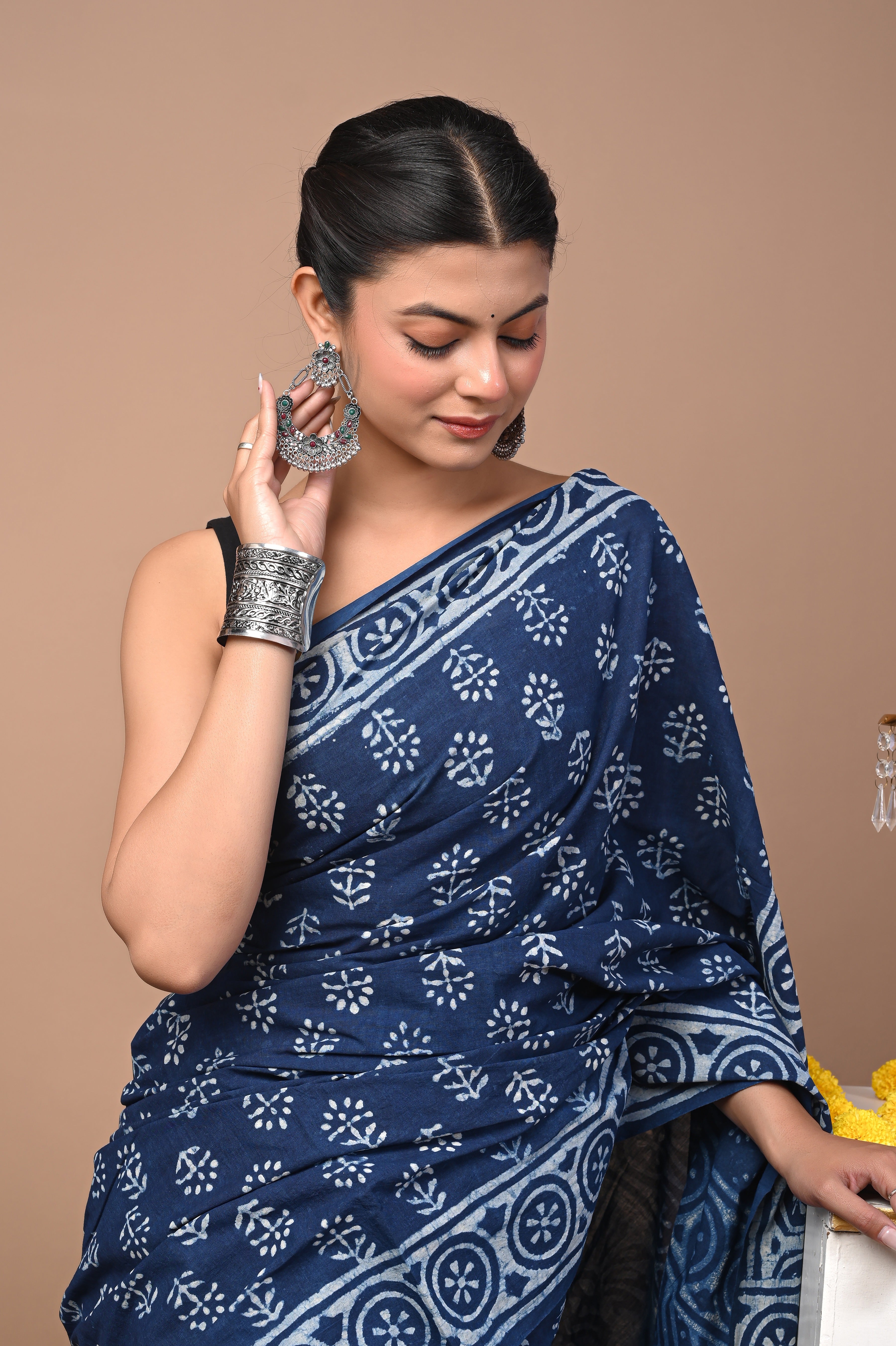 Hand Printed Midnight Indigo Blue Pure Cotton Saree