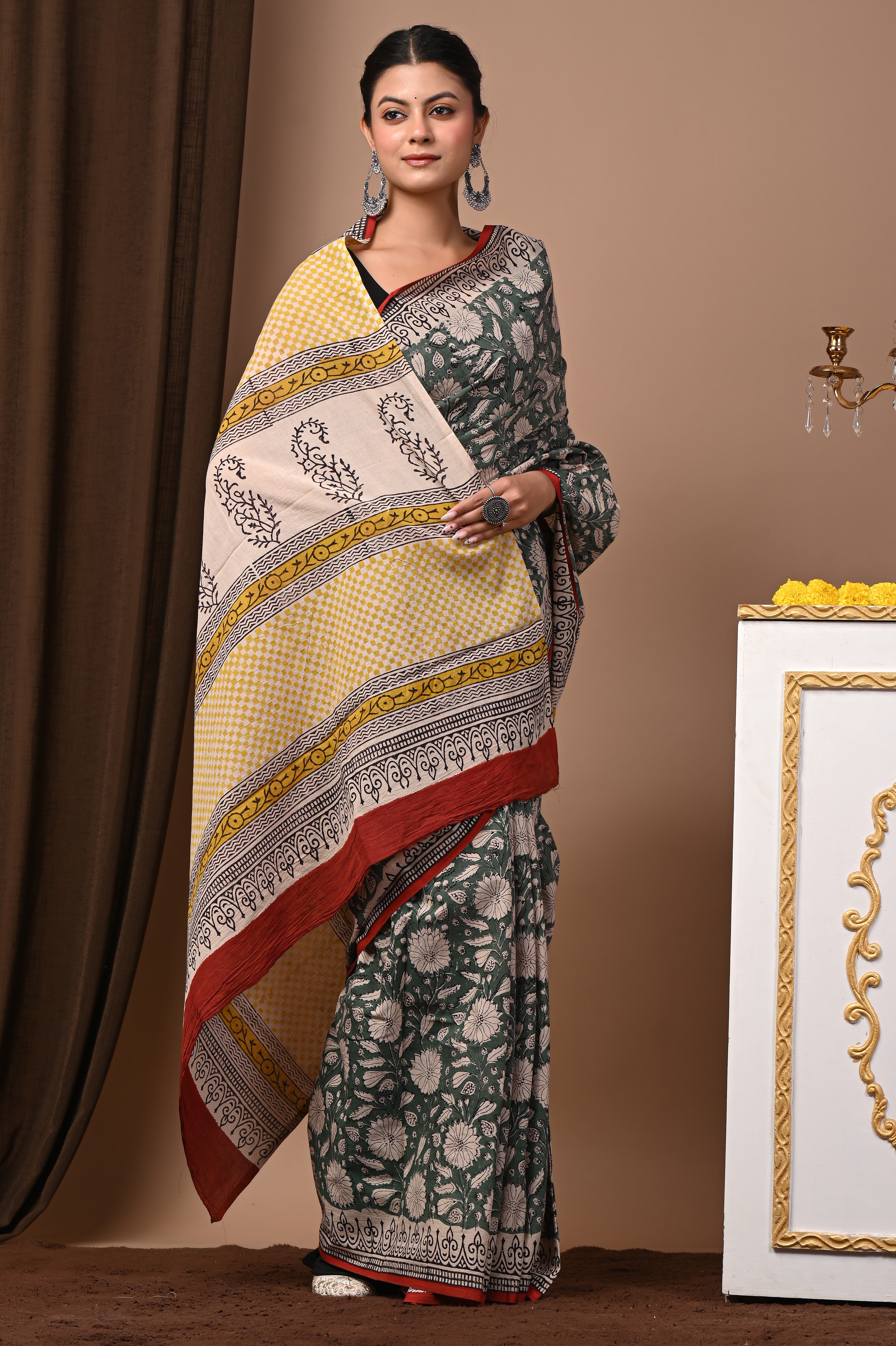 Hand Printed Forest Green Pure Cotton Saree