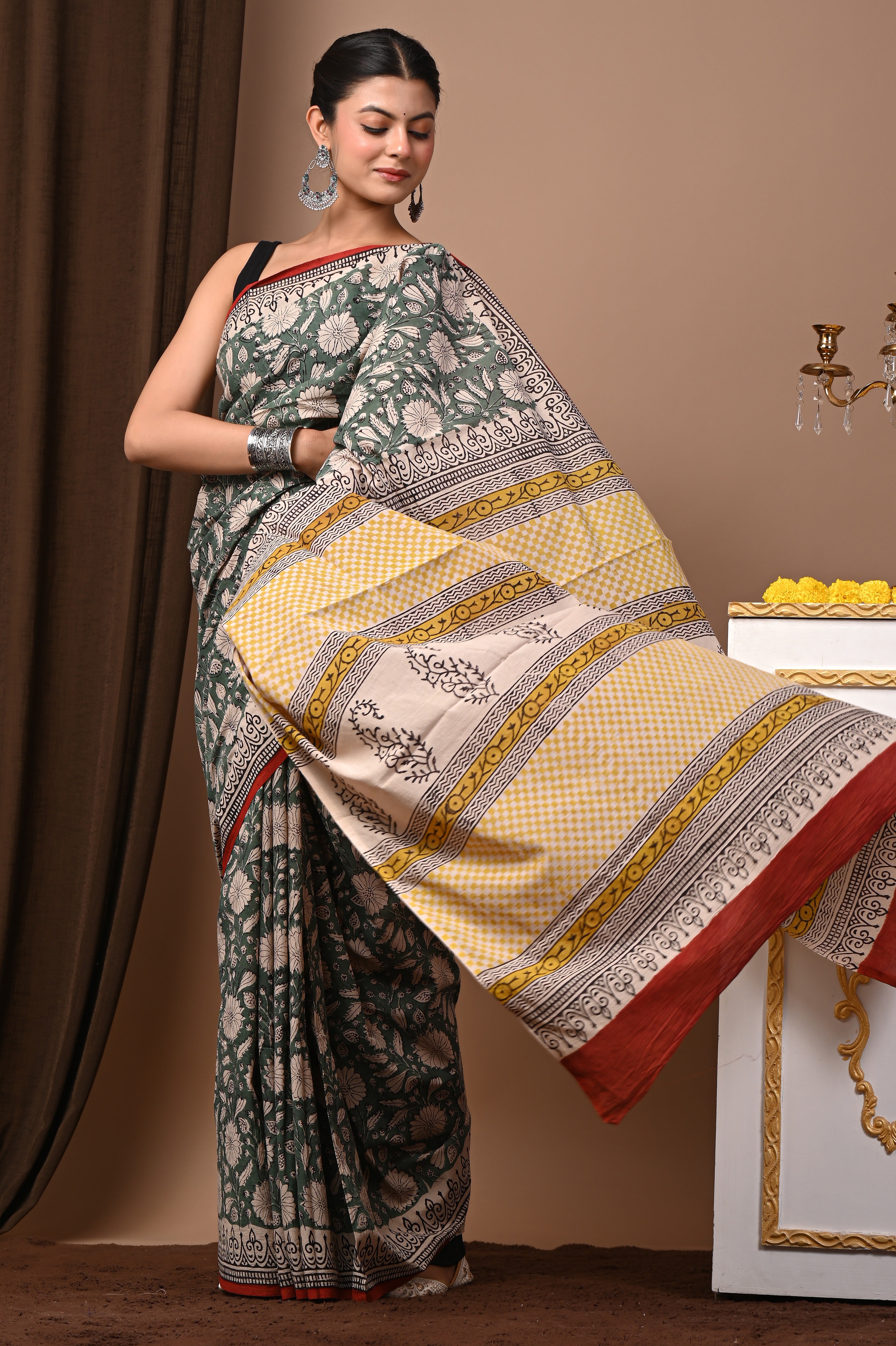 Hand Printed Forest Green Pure Cotton Saree