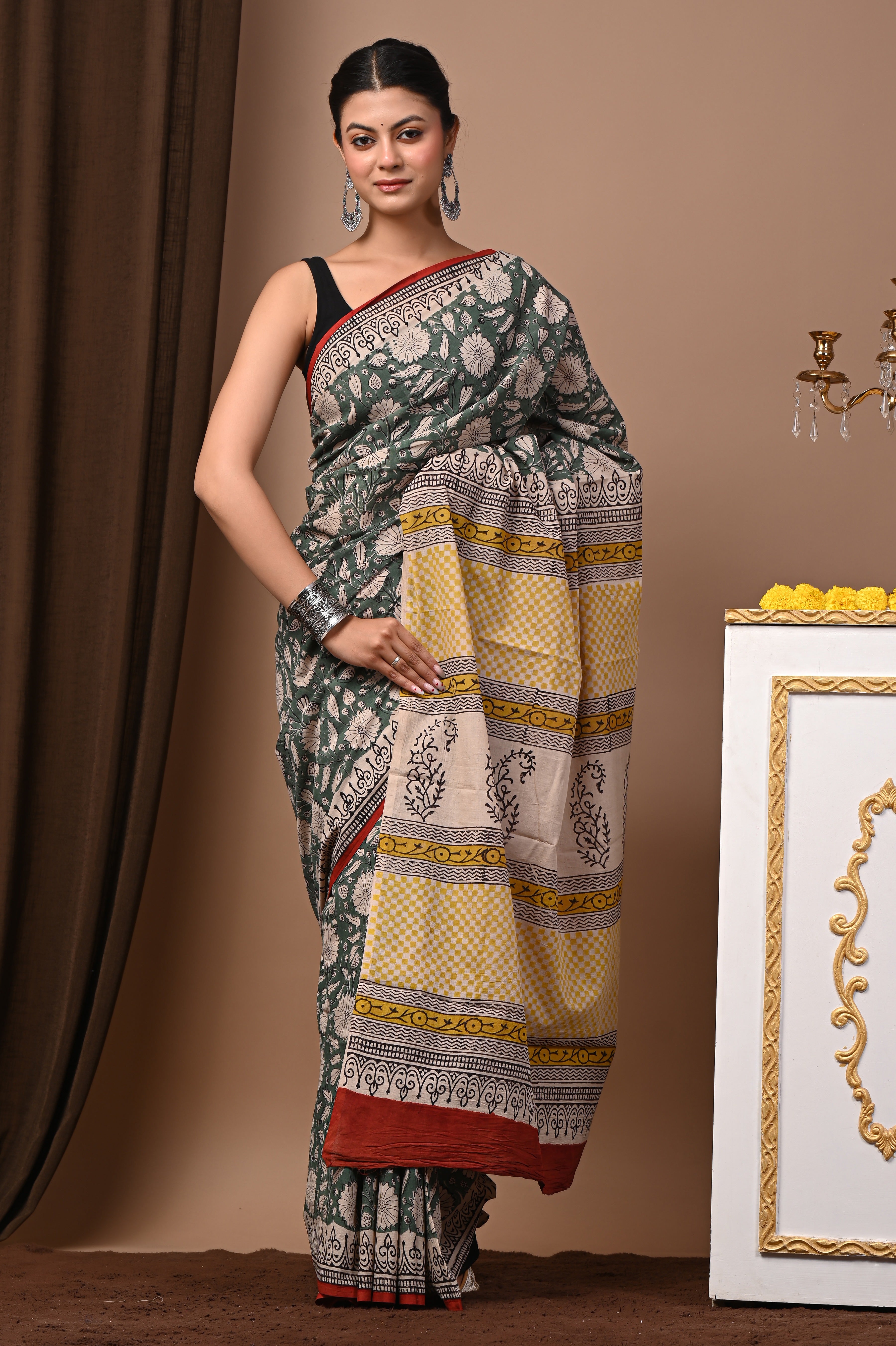 Hand Printed Forest Green Pure Cotton Saree