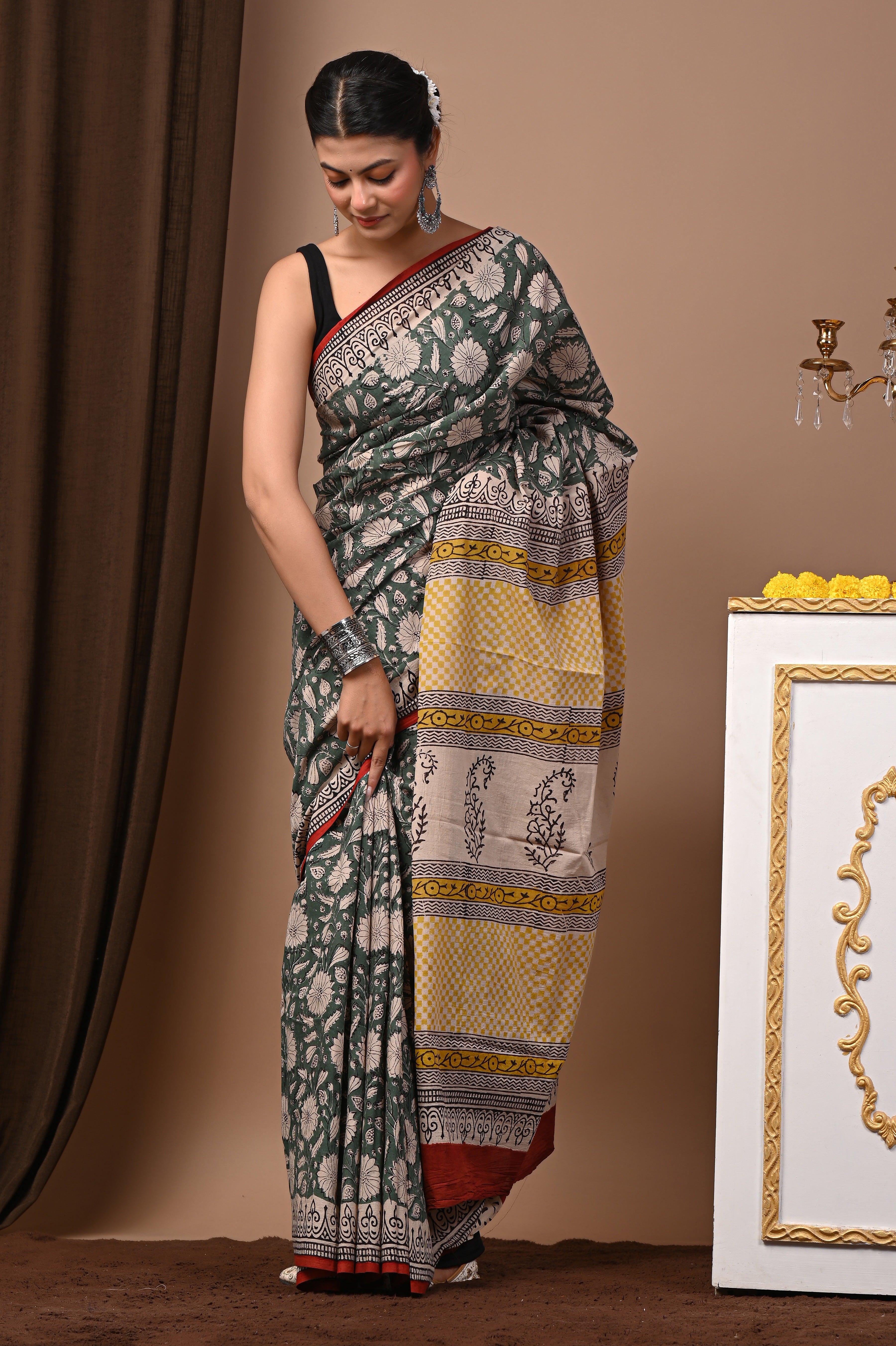 Hand Printed Forest Green Pure Cotton Saree
