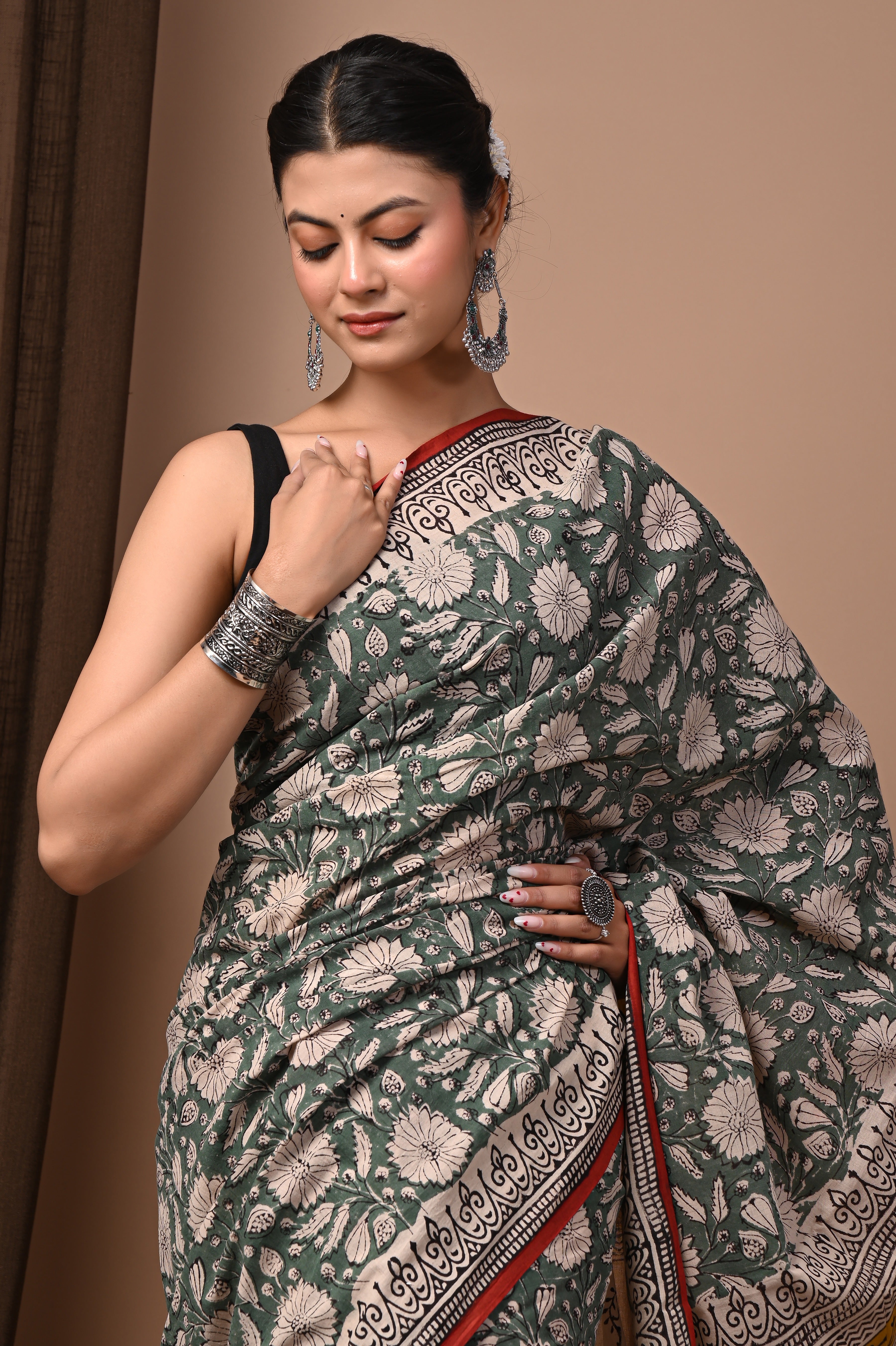 Hand Printed Forest Green Pure Cotton Saree
