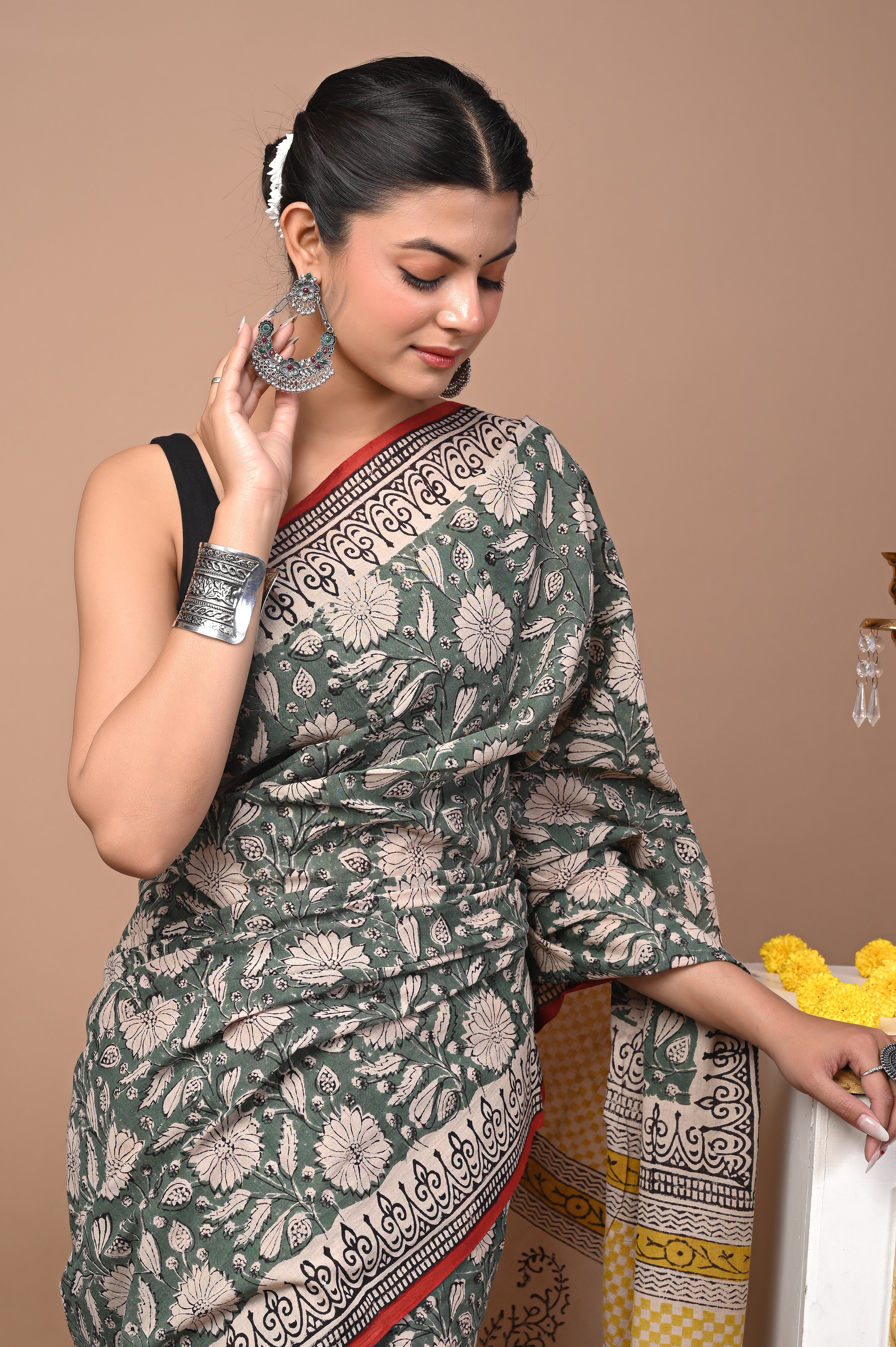 Hand Printed Forest Green Pure Cotton Saree